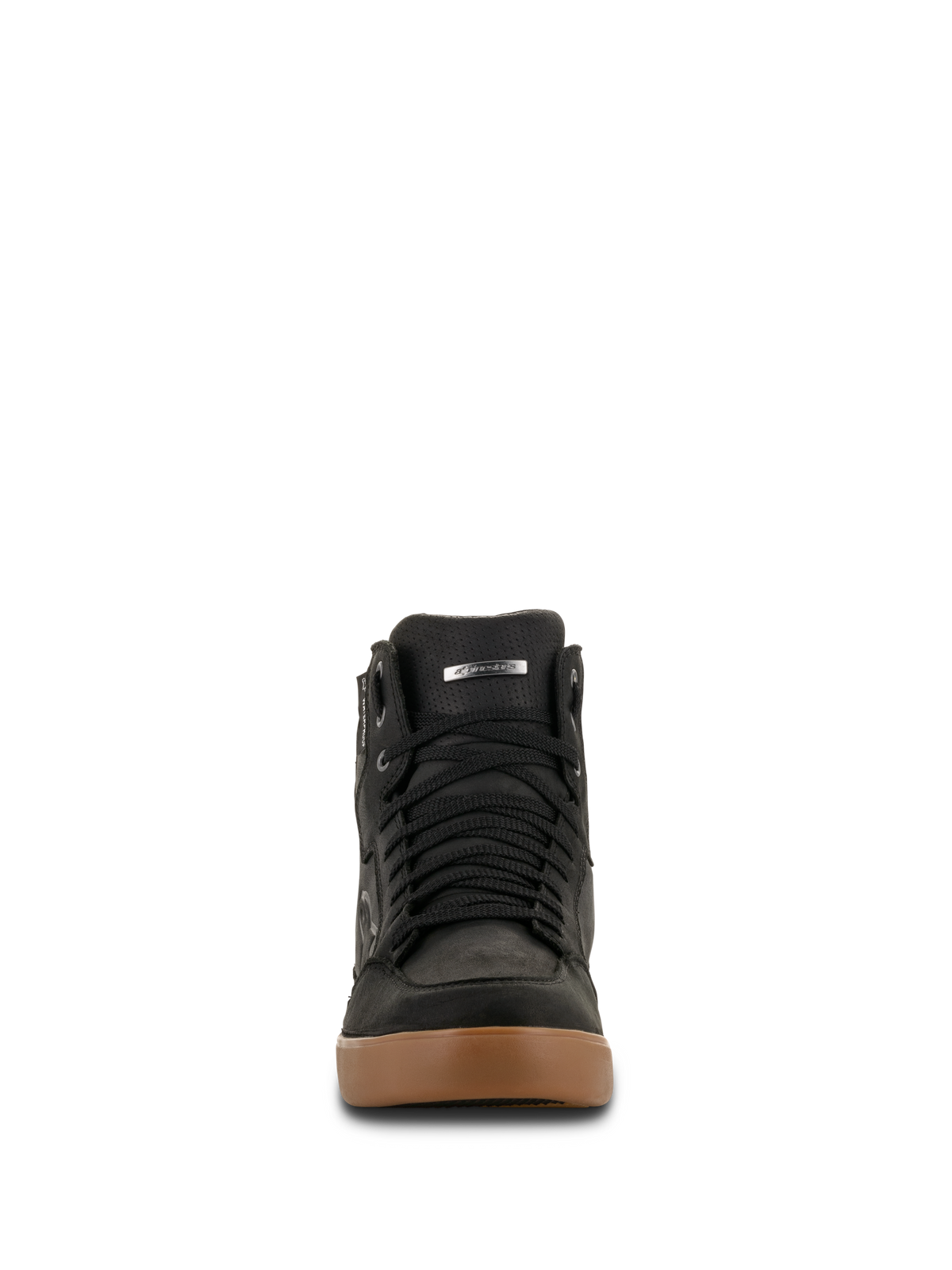 Alpinestars J-6 Waterproof Shoe, scarpa da moto, Black Gum, vista frontale con lacci neri e suola in gomma marrone, design stile sneaker per guida urbana su strada