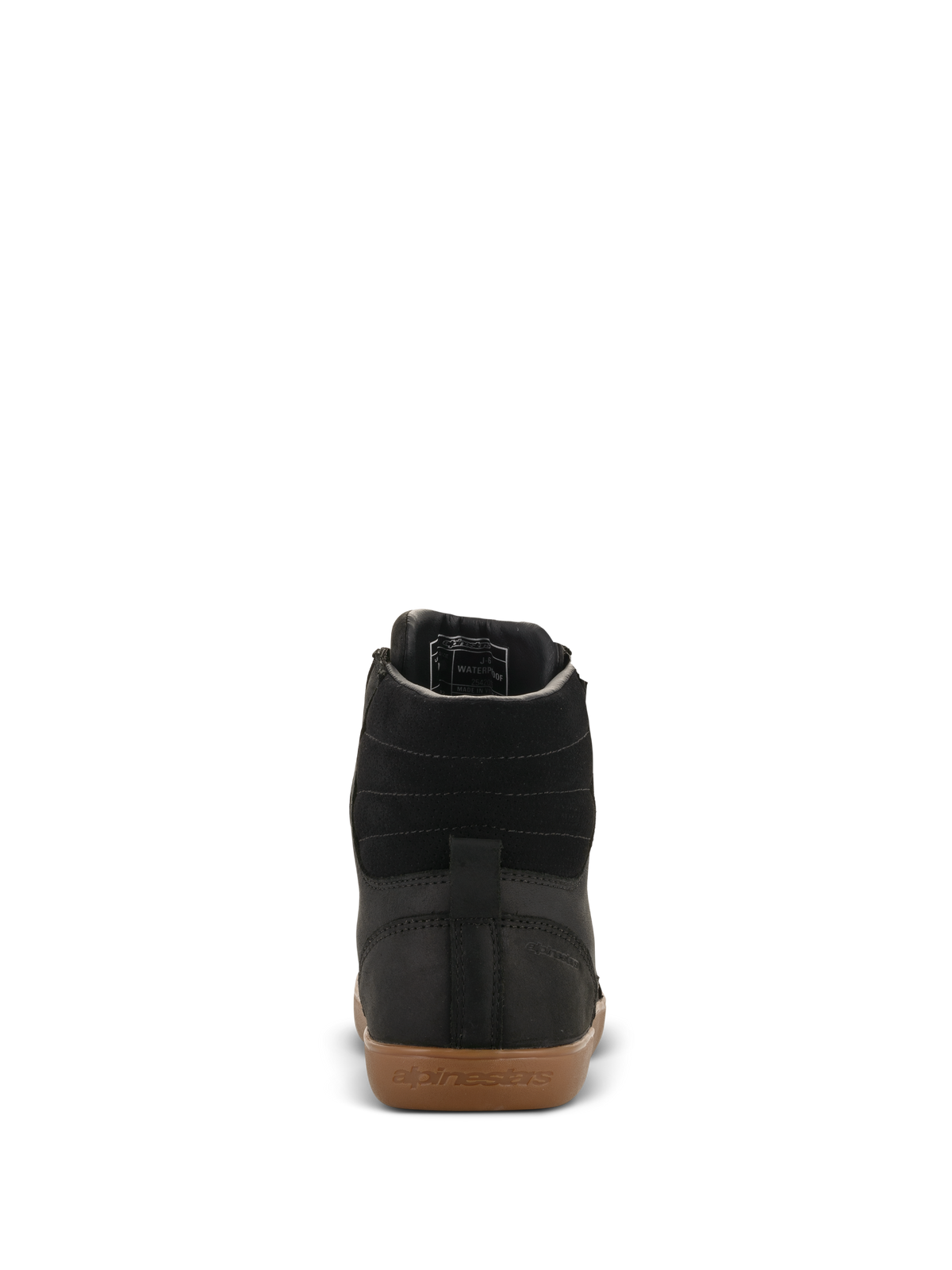 Alpinestars J-6 Waterproof Shoe, scarpa da moto, nero e gum, vista posteriore con tomaia in pelle nera di alta qualità, cuciture orizzontali sulla caviglia e suola in gomma con marchio Alpinestars in rilievo.