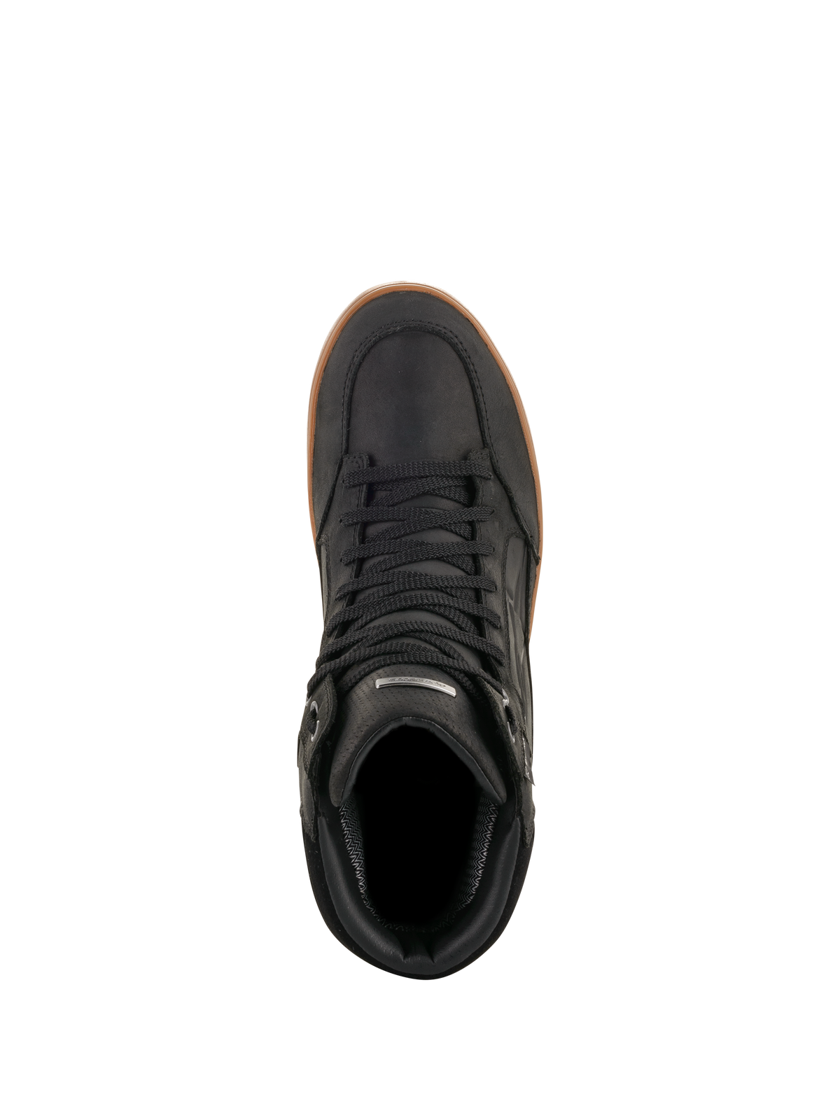 Alpinestars J-6 Waterproof Shoe, Black Gum, vista dall'alto, scarpa moto in pelle nera con suola in gomma color gomma, stile sneaker urban con lacci neri