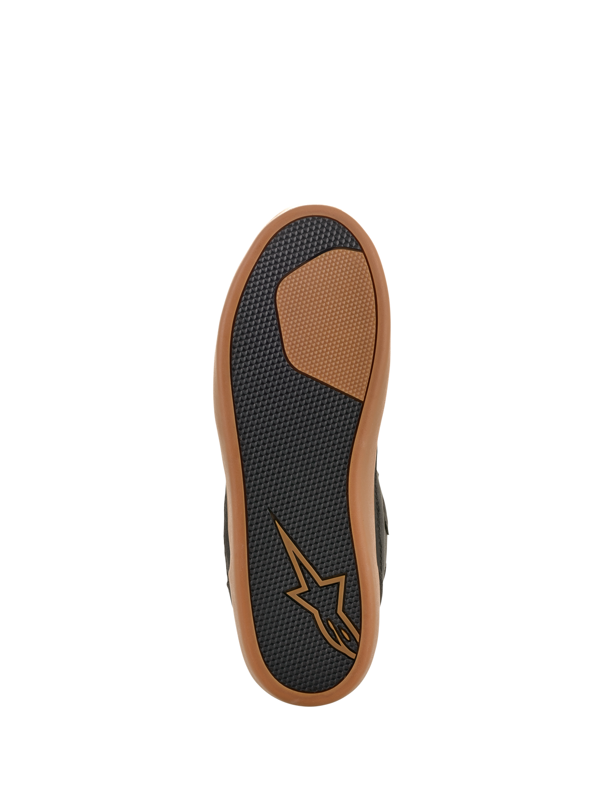 Scarpa Alpinestars J-6 Waterproof, vista della suola, Nero e Gum, battistrada in gomma testurizzata per aderenza e durata, con logo Astars marrone chiaro e bordo esterno color gomma, calzatura da moto in stile sneaker