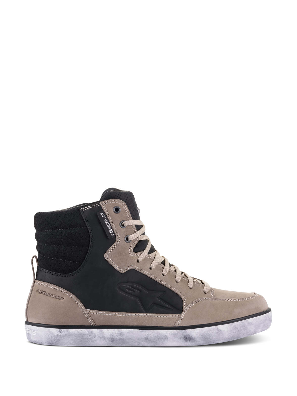 Alpinestars J-6 Waterproof Shoe, scarpa da moto, Nero Flint Bianco, design a scarpa alta stile sneaker in pelle con suola in gomma bianca effetto invecchiato, con logo Astar laterale ed etichetta waterproof