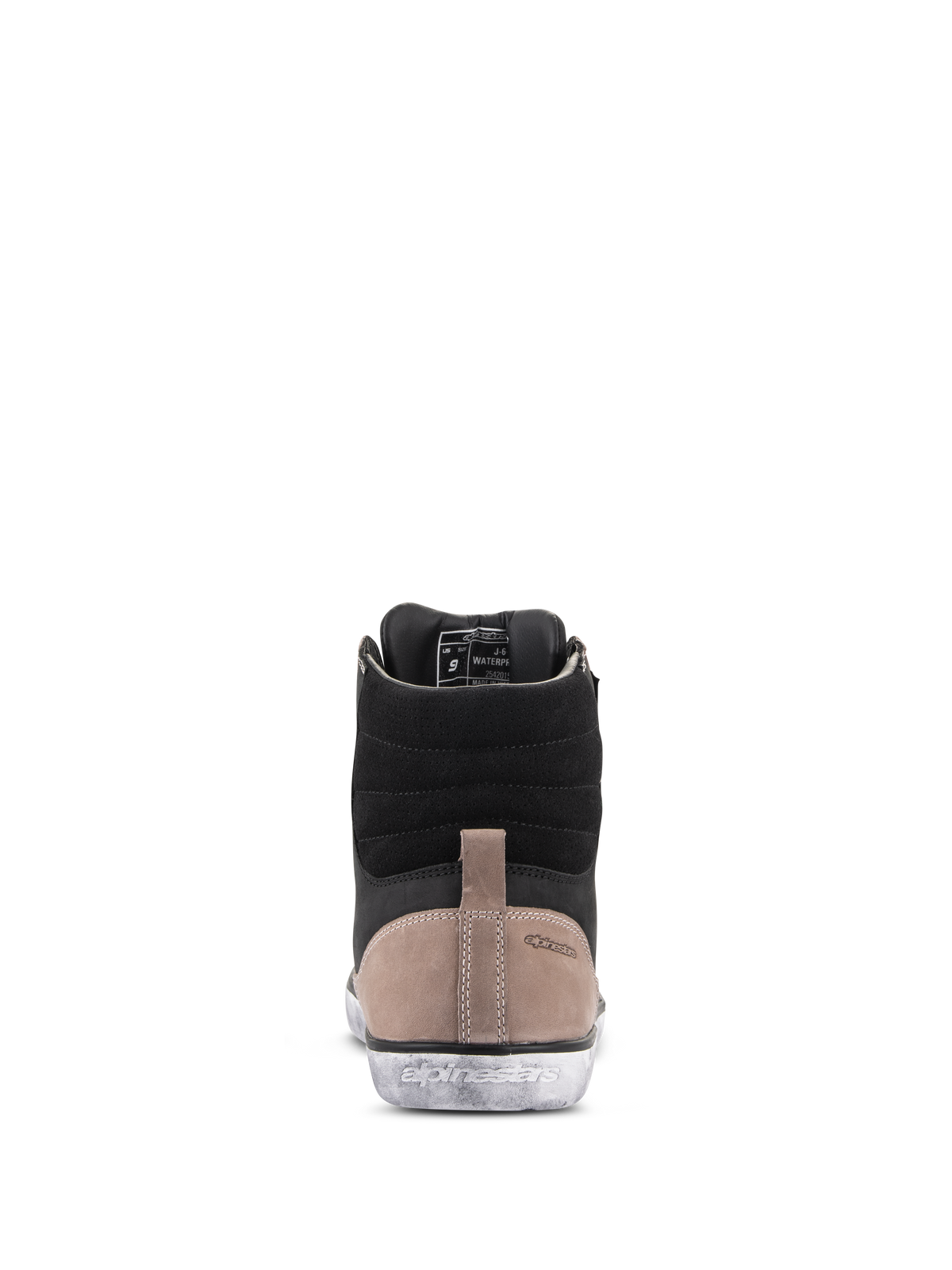 Alpinestars J-6 Waterproof Shoe, scarpa da moto, Nero Flint Bianco, vista posteriore che mostra la tomaia in pelle nera, pannello sul tallone marrone chiaro con logo in rilievo e suola in gomma bianca effetto invecchiato con marchio Alpinestars