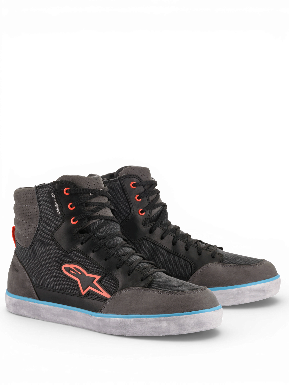 Alpinestars Scarpe J-6 Impermeabile Canvas, scarpe da moto urban da uomo, grigio e nero con accenti blu e arancioni, stile sneaker, impermeabili, calzature protettive per uso cittadino.