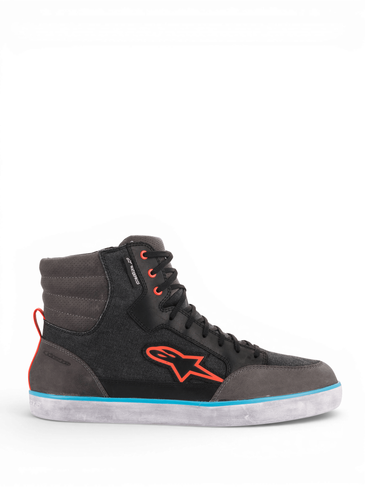 Alpinestars Scarpe J-6 Impermeabile Canvas, scarpe da moto urban da uomo, grigie e nere con dettagli arancione e azzurri, impermeabili, in pelle e tela.