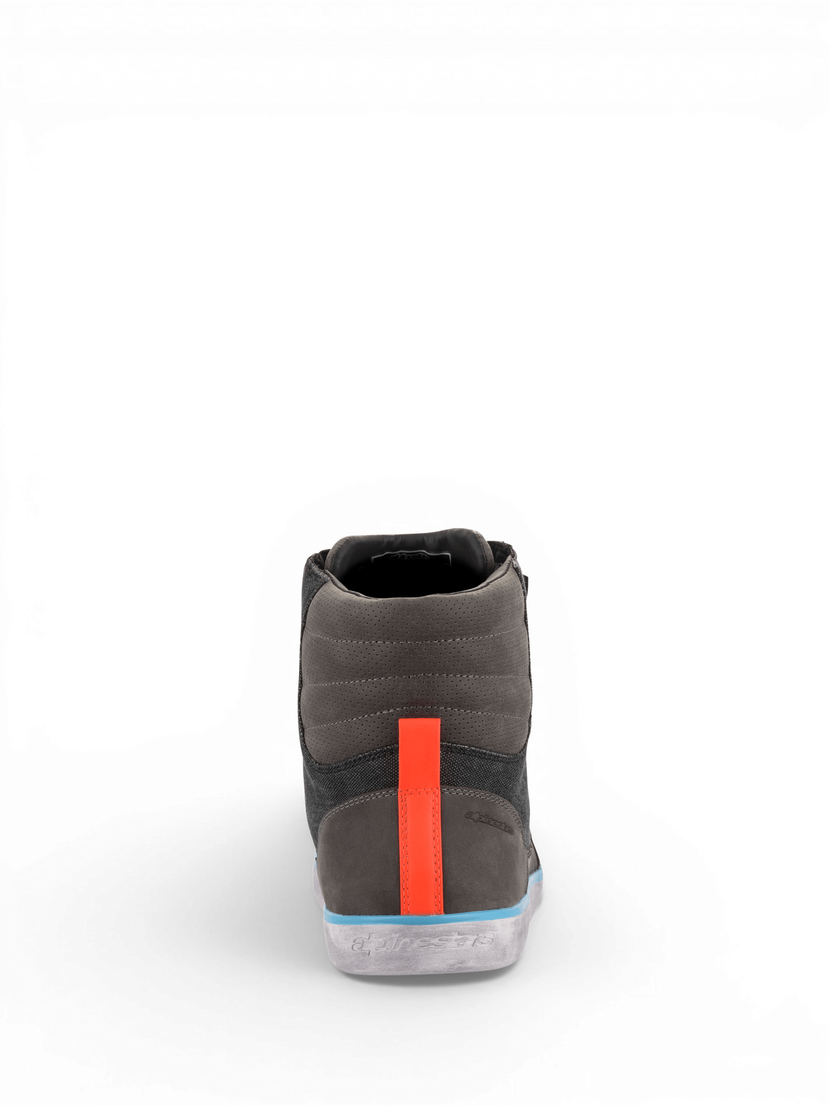 Alpinestars Scarpe J-6 Impermeabile Canvas, scarpe da moto uomo, grigio e antracite, dettaglio tallone arancione e azzurro.