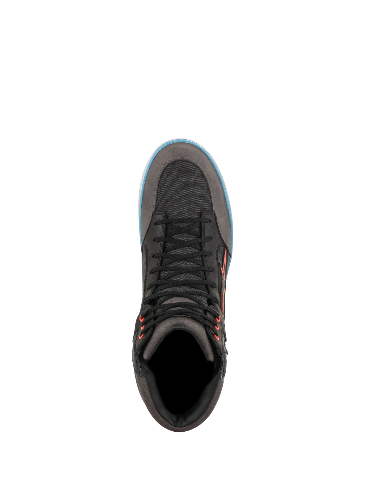 Alpinestars scarpe J-6 impermeabili in canvas, scarpe da moto urban da uomo, grigio e nero con dettagli azzurri, vista dall'alto, sneaker protettiva.