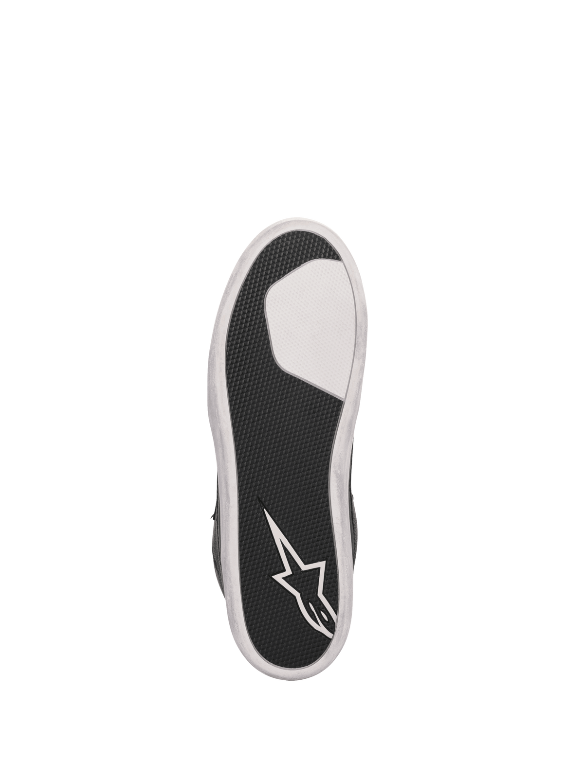 Alpinestars Scarpe J-6 Impermeabile Canvas, suola da moto nera e bianca in gomma vulcanizzata con logo a stella e grip.