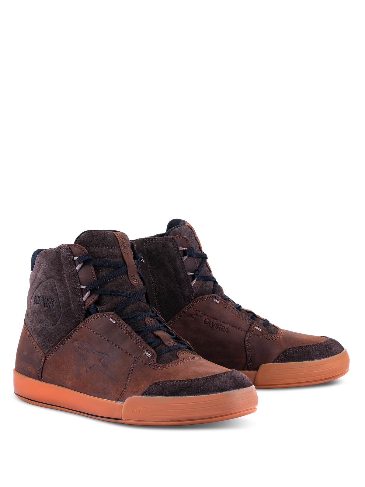Alpinestars Chrome Crafted Drystar® Shoes, scarpe da moto urbane, marrone e gomma, struttura alta in pelle e scamosciato, lacci neri, suola in gomma, con logo goffrato e marchio Drystar, calzature da moto casual contemporanee