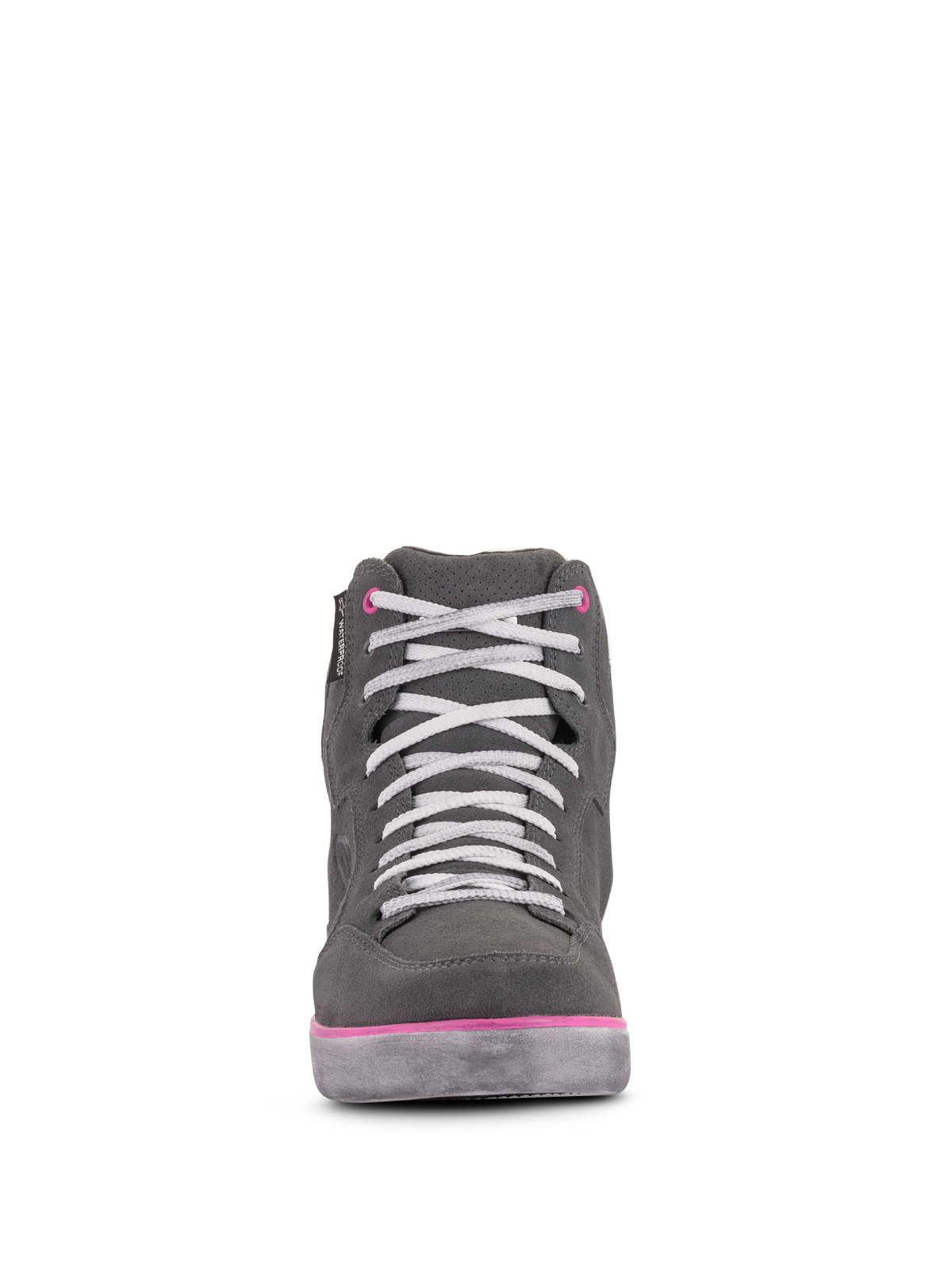 Scarpe Alpinestars Women's J-6 Waterproof, scarpe da moto, grigio chiaro e fucsia, vista frontale di sneaker high-top con lacci bianchi e accenti rosa, costruzione in pelle impermeabile e scamosciata