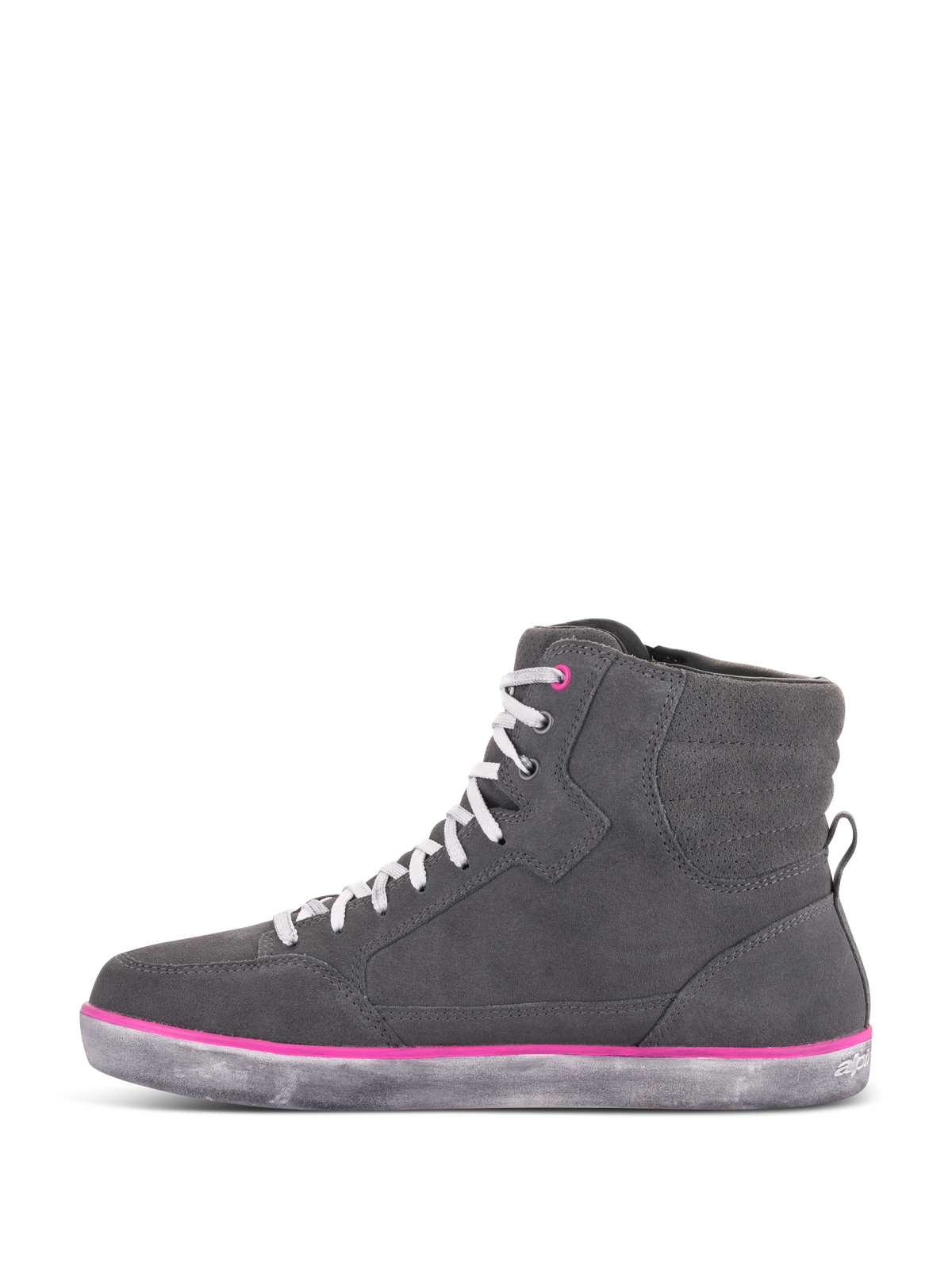Alpinestars Scarpe J-6 Waterproof Donna, scarpe da moto, grigio chiaro e fucsia, design sneaker alta con tomaia in scamosciato grigio, lacci bianchi, dettagli fucsia e suola in gomma grigia con effetto invecchiato