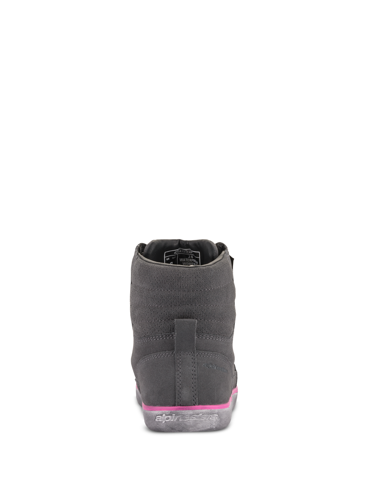 Scarpa J-6 Waterproof Donna Alpinestars, grigio e fucsia, vista posteriore, tomaia in pelle scamosciata con dettaglio rosa dell'intersuola e logo in rilievo sulla suola in gomma, calzature da moto urban
