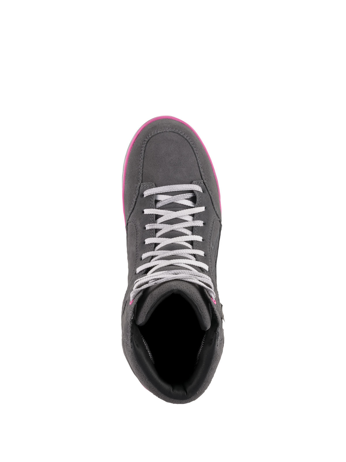 Scarpe Alpinestars J-6 Waterproof Donna, scarpe da moto, grigio e fucsia, vista dall'alto che mostra la costruzione in pelle e scamosciato, lacci grigio chiaro e bordo della suola fucsia acceso.