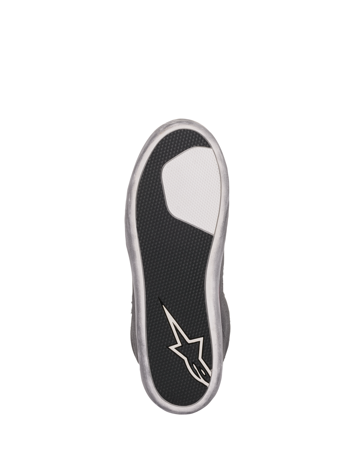 Scarpe Alpinestars J-6 Waterproof Donna, vista della suola, suola in gomma nera testurizzata con inserto bianco e logo a stella Alpinestars sul tallone, perimetro grigio argento, design con grip resistente