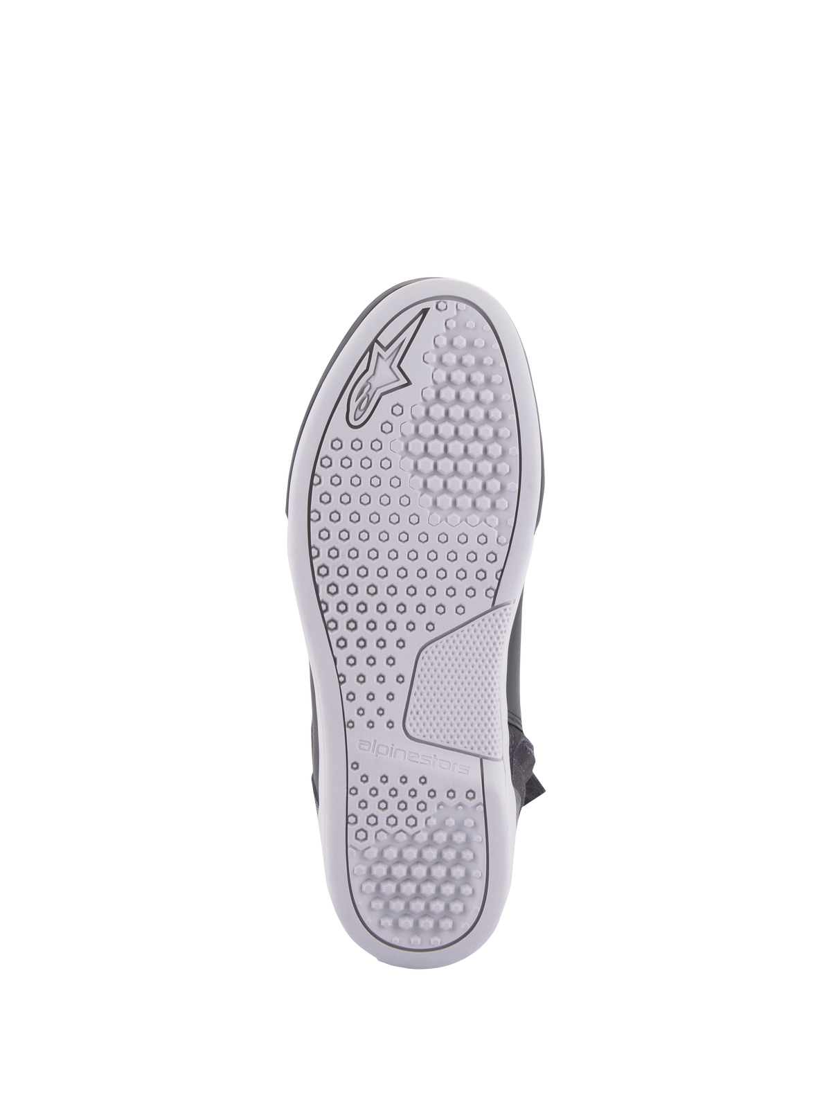 Alpinestars Chrome Drystar® Shoes, scarpe da moto urbane, vista della suola, suola in gomma grigio chiaro con motivi di aderenza esagonali e circolari, logo Alpinestars e nome del marchio in rilievo