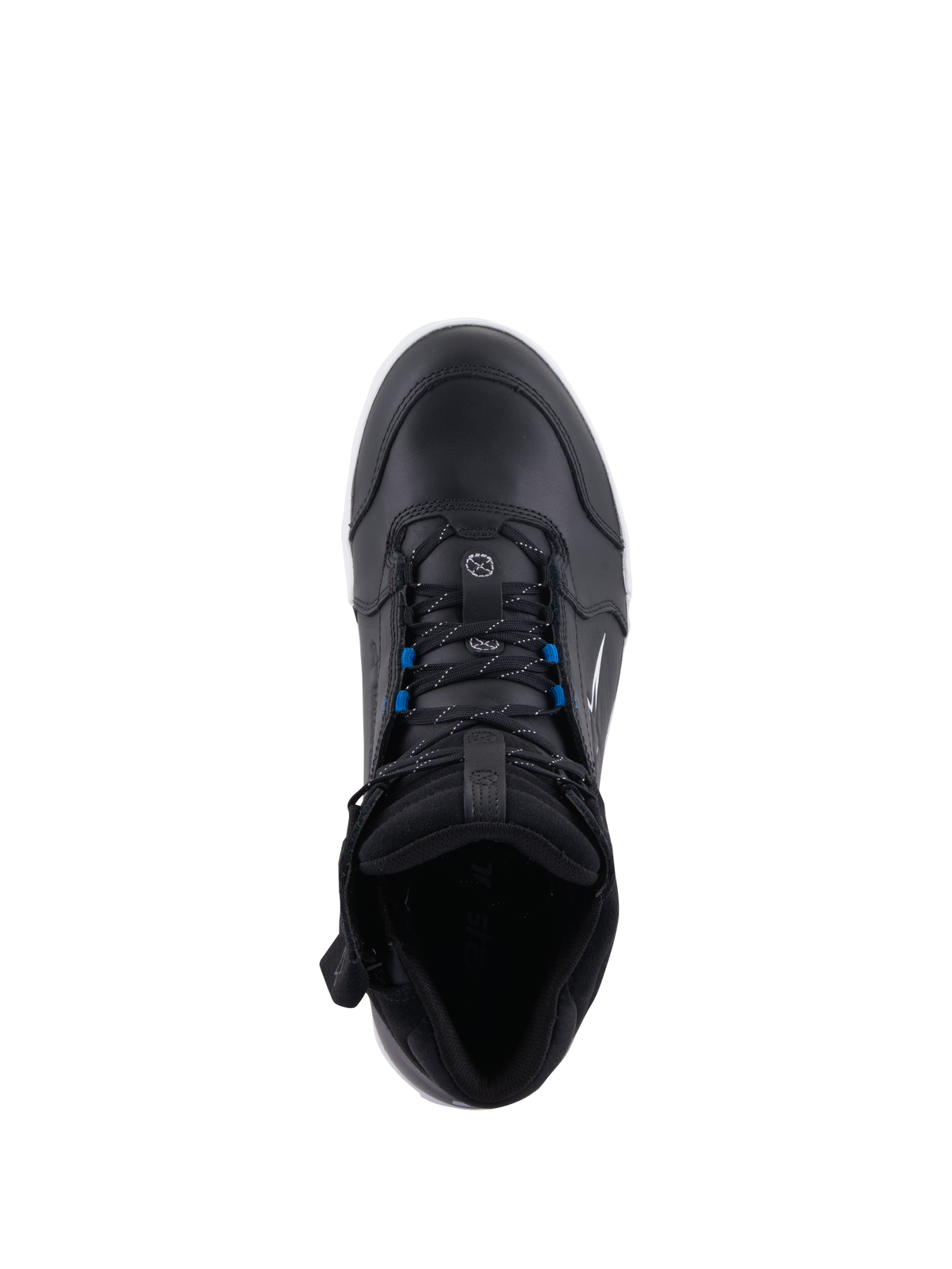 Scarpe Alpinestars Chrome Drystar®, scarpe da moto urbane, nero bianco blu, vista dall'alto con lacci neri e dettagli blu, costruzione in pelle premium e design protettivo stile street