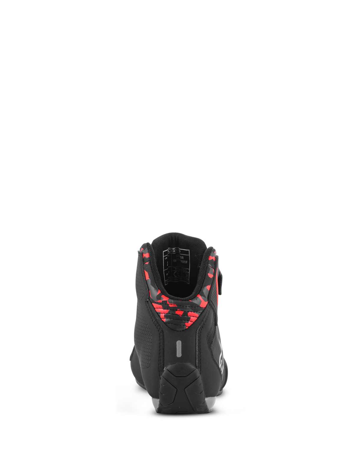 Scarpe Alpinestars Sektor Waterproof, scarpe da moto, nero, grigio scuro e rosso fluo, vista posteriore che mostra il colletto del tallone a fantasia, inserto riflettente e suola in gomma resistente, costruzione in microfibra leggera