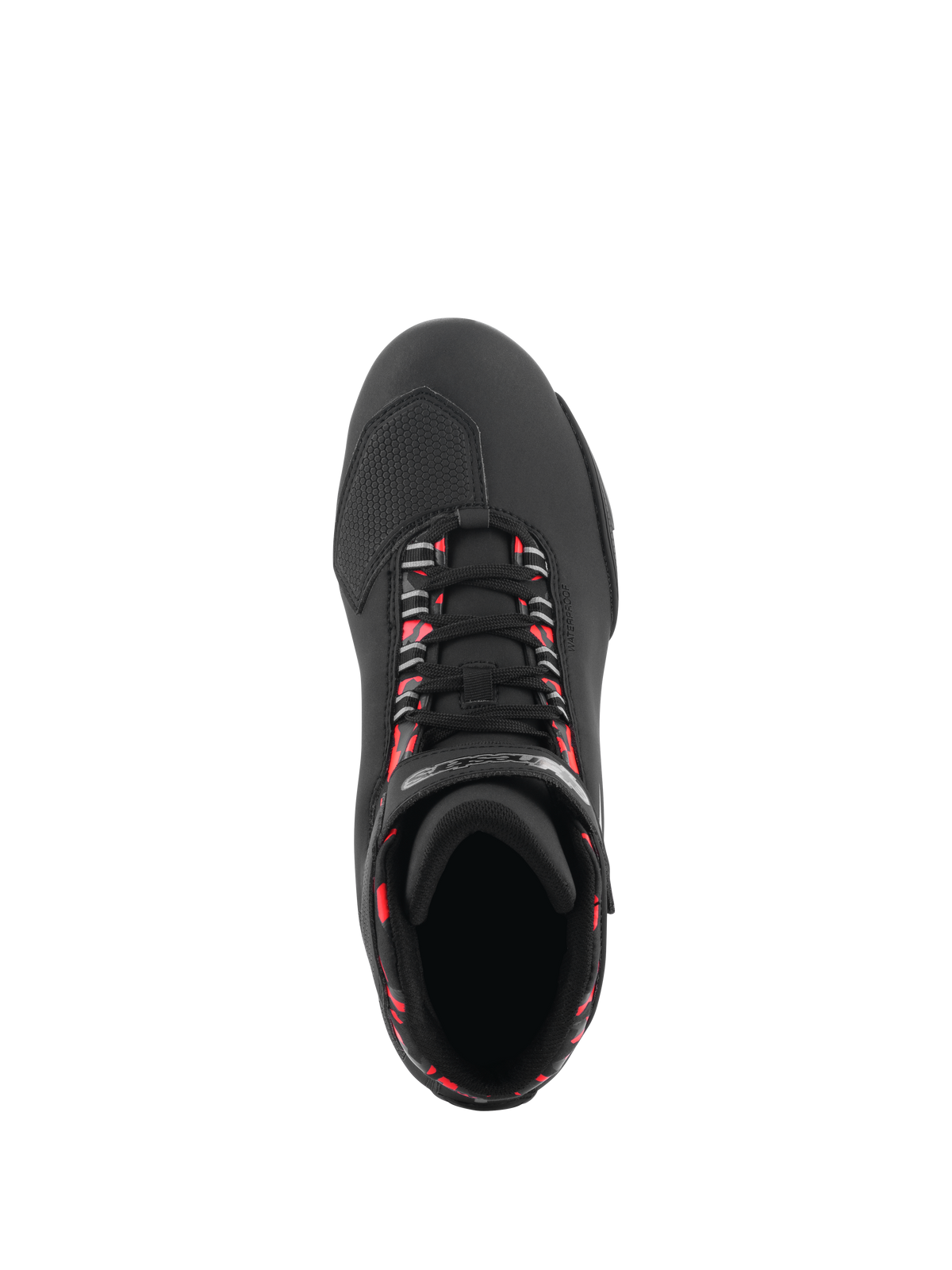 Scarpe Alpinestars Sektor Waterproof, scarpe da moto, nero, grigio scuro e rosso fluo, vista dall'alto che mostra lacci neri con accenti rosso fluorescente, punta testurizzata per il cambio e struttura in microfibra