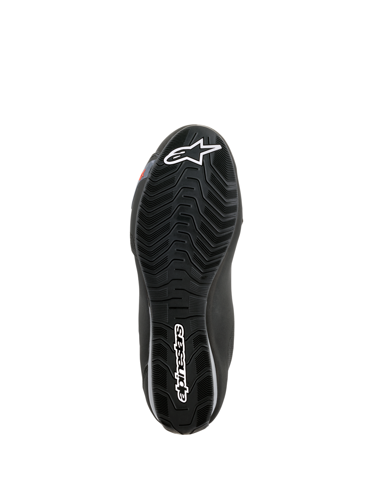 Scarpe Alpinestars Sektor Waterproof, vista della suola, gomma nera con battistrada a onde per il deflusso dell'acqua, con logo Astars bianco e marchio Alpinestars, progettata per l'aderenza e il supporto sulle pedane della moto