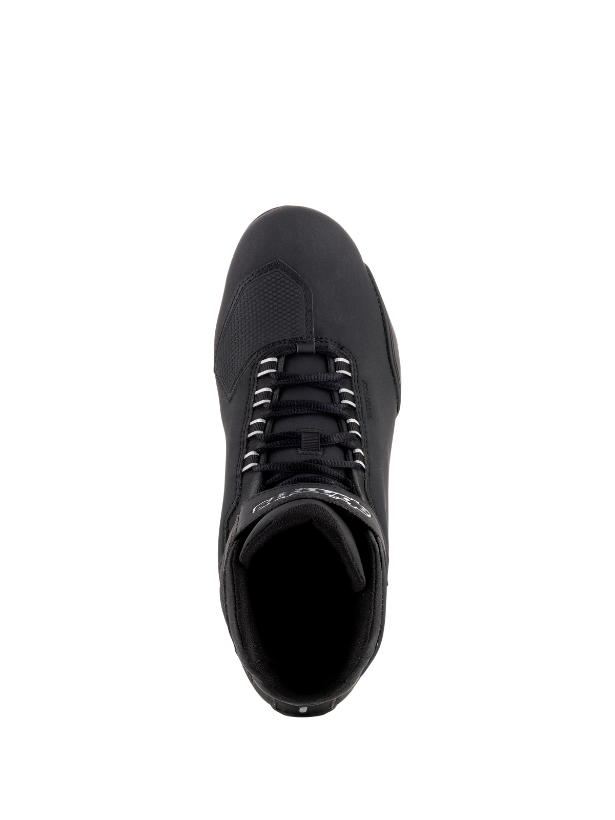 Alpinestars Sektor Waterproof Shoes, scarpe da moto nere, vista dall'alto che mostra lacci neri e punta rinforzata, elegante struttura in microfibra per prestazioni su strada