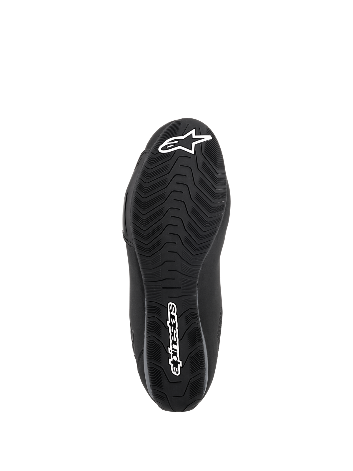 Alpinestars Sektor Waterproof Shoes, nero, vista della suola in mescola di gomma con battistrada specifico per il deflusso dell'acqua e aderenza, logo a stella bianco e scritta Alpinestars