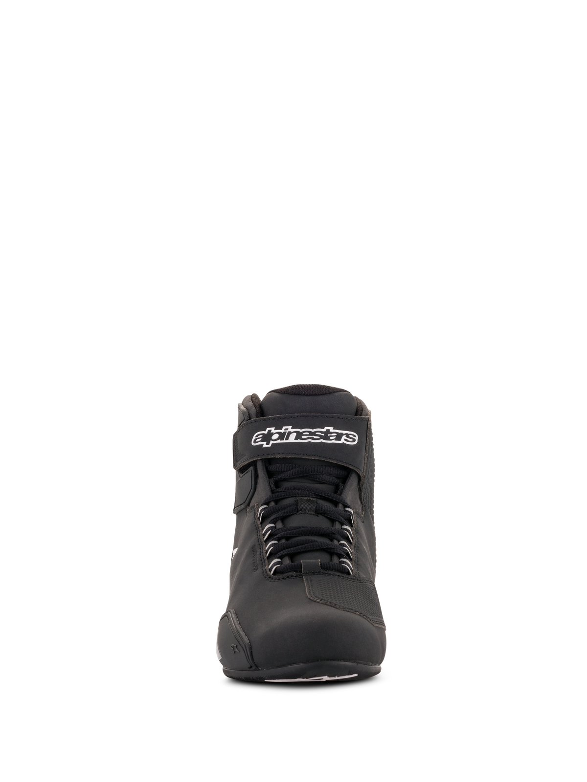 Alpinestars Stella Sektor Waterproof Shoes da donna, nero e argento, vista frontale, scarpa da moto a taglio basso con sistema di allacciatura rapida, cinturino in Velcro sulla caviglia con logo bianco e robusta struttura in microfibra.