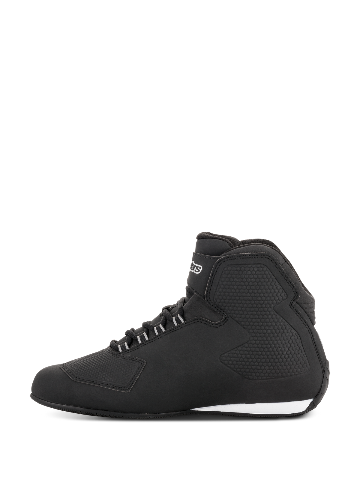 Scarpe Alpinestars Stella Sektor Waterproof, scarpe da moto da donna, nero argento, vista laterale con tomaia in microfibra leggera, sistema di allacciatura rapida con dettagli argento e struttura impermeabile con pannelli protettivi integrati.