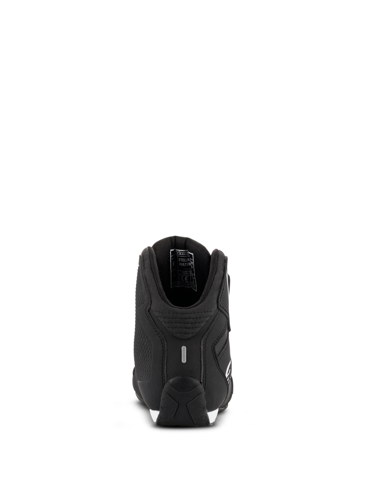 Scarpe da moto Alpinestars Stella Sektor Waterproof da donna, nero argento, vista posteriore con tallone rinforzato e dettaglio riflettente, tomaia in microfibra leggera con fodera in membrana impermeabile