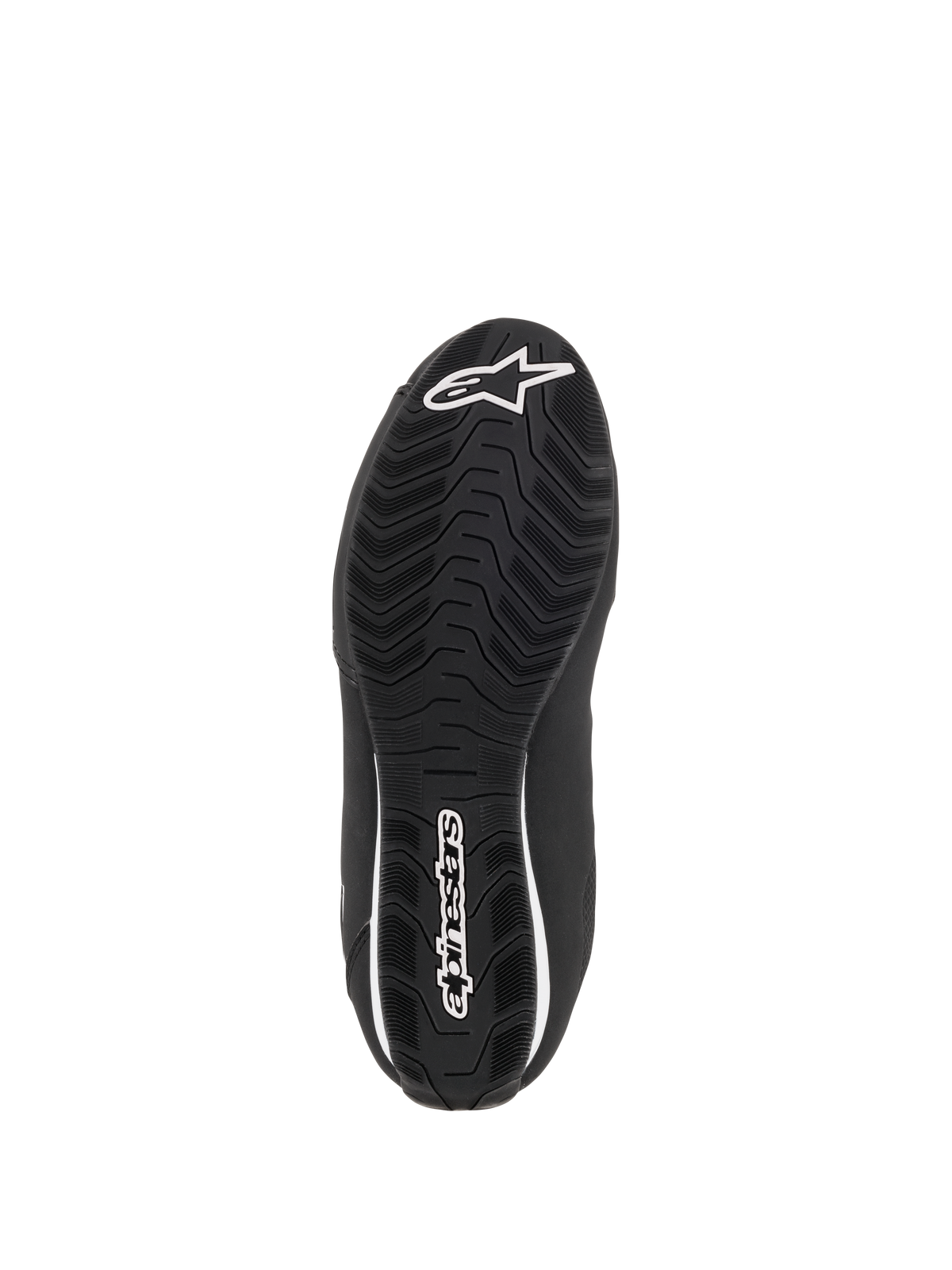 Alpinestars Stella Sektor Waterproof Shoes da donna, vista dal basso della suola in gomma nera, con motivo a onde testurizzato per il grip, logo a stella e marchio Alpinestars in bianco, progettata per la dispersione dell'acqua e l'aderenza.