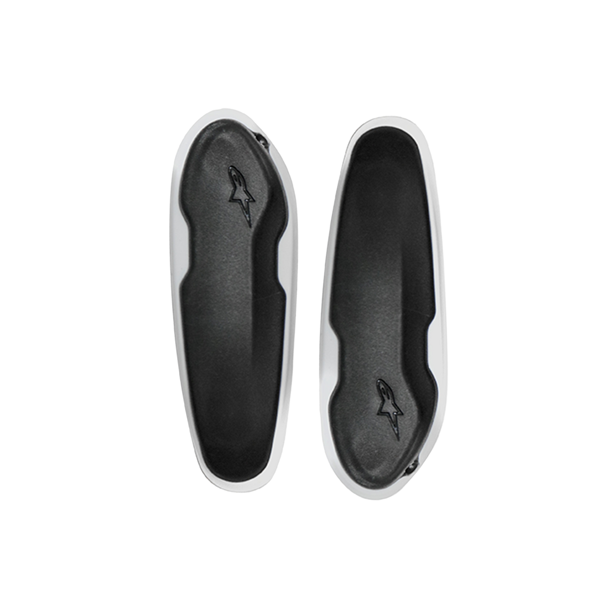 Alpinestars Toe Slider, cursori di ricambio per stivali da moto racing, nero e bianco, protezioni di forma ovale con logo a stella in rilievo, ricambi in metallo resistenti per stivali da corsa