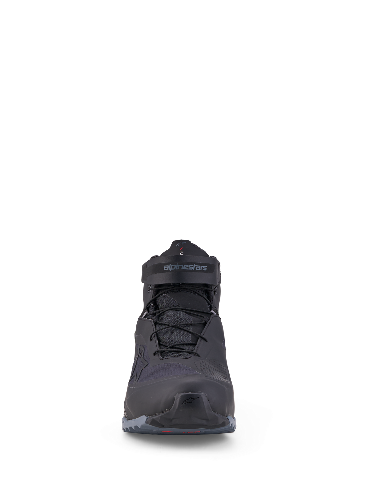Alpinestars CR-X GORE-TEX Scarpe da moto, scarpe da moto impermeabili, nere e grigio scuro, membrana GORE-TEX, vista frontale con sistema di chiusura a lacci e cinturino