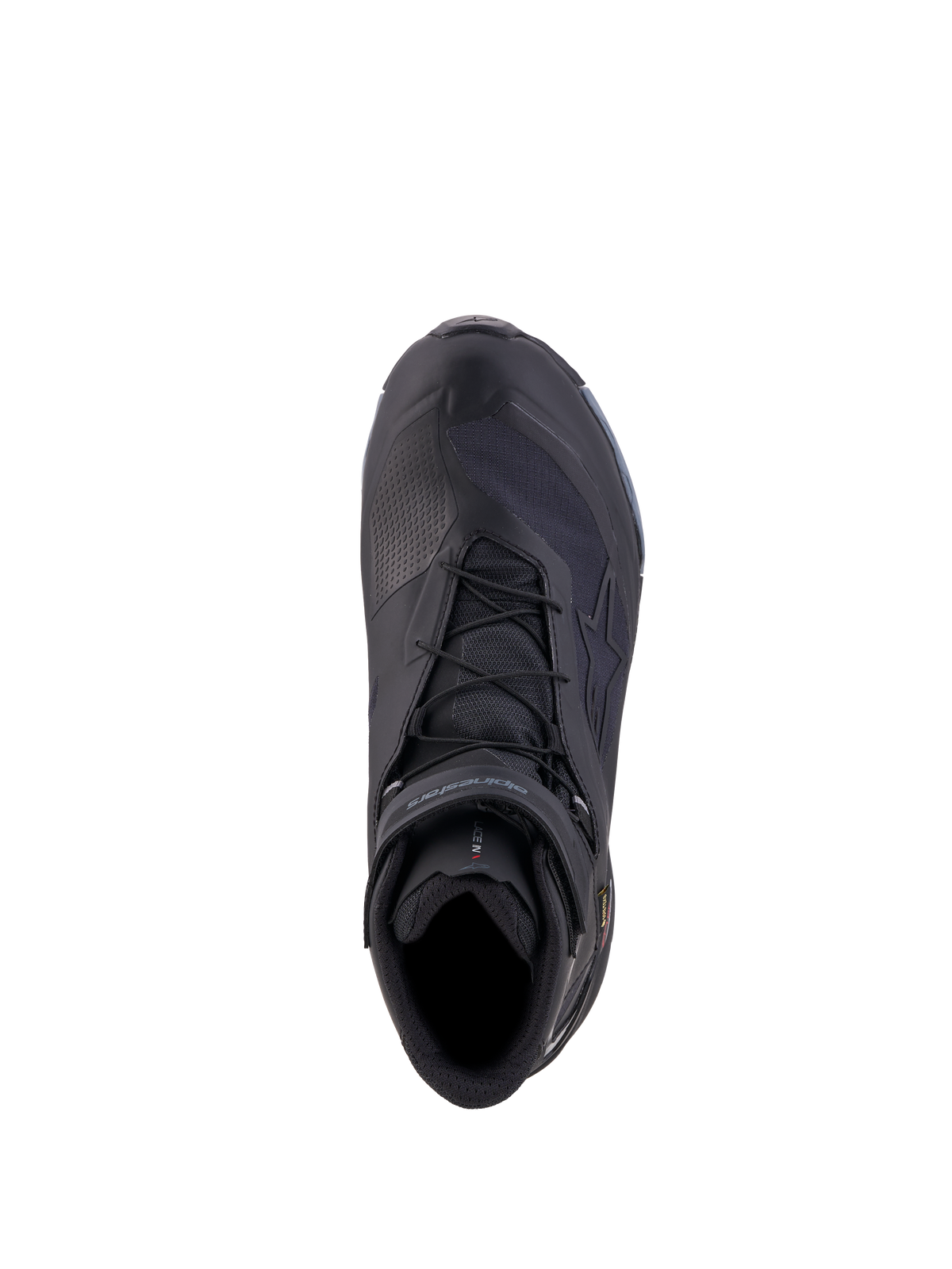 Alpinestars Cr X Gore Tex Scarpe, scarpe da moto impermeabili, nero e grigio scuro, vista dall'alto con sistema di allacciatura e struttura protettiva