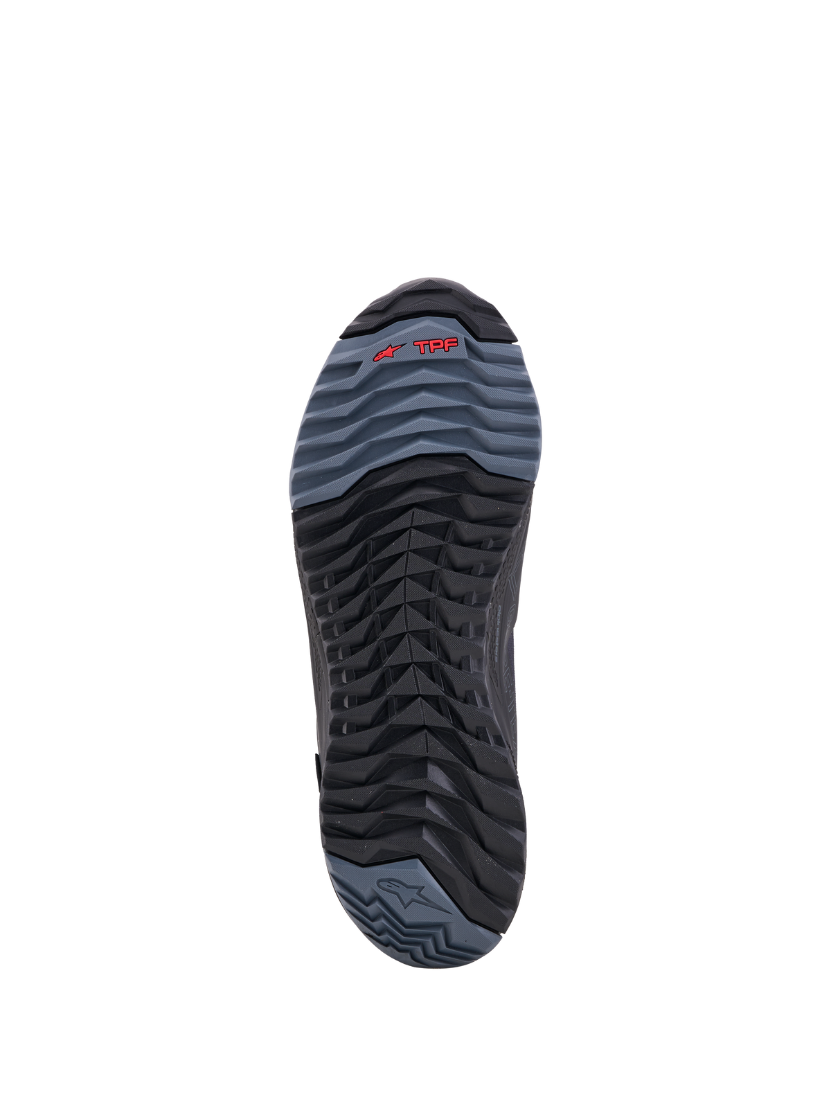Alpinestars Cr X Gore Tex Scarpe, primo piano della suola delle scarpe da moto, telaio di protezione TPF e disegno del battistrada, nero e grigio scuro con dettagli del logo rossi