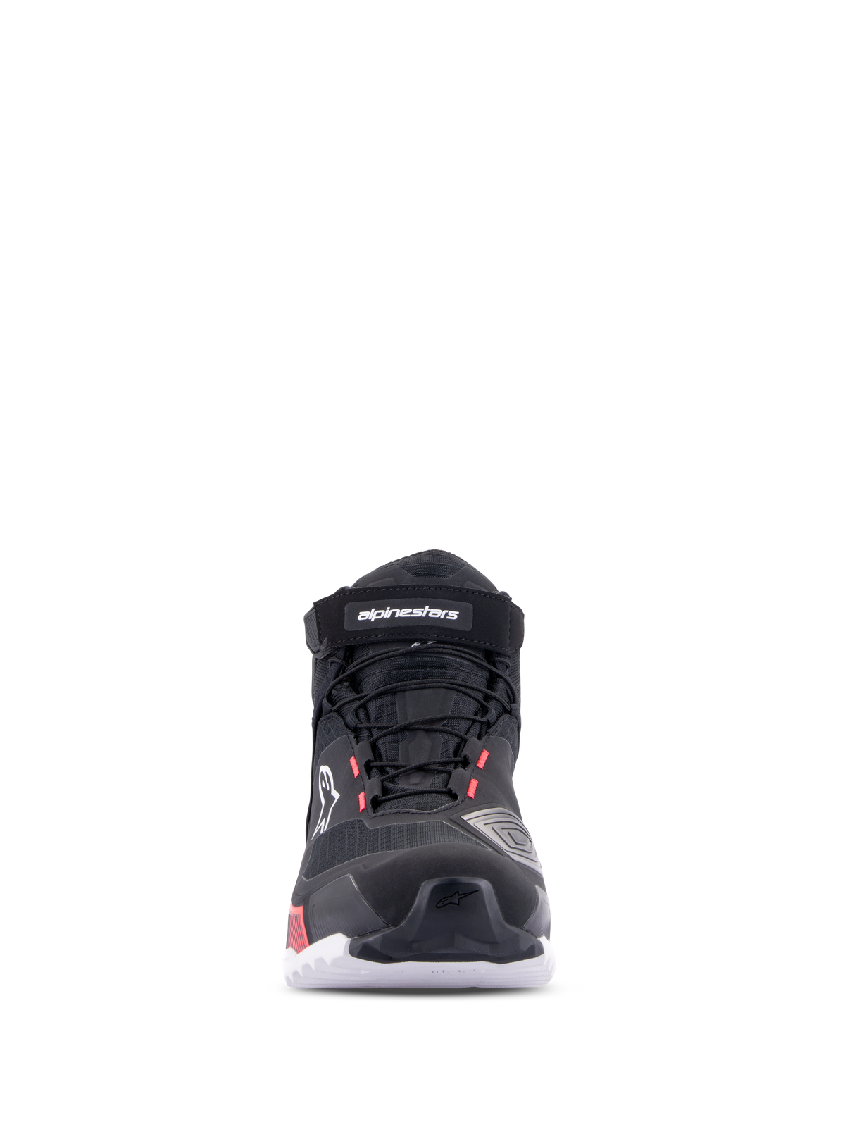 Alpinestars CR-X Women's Drystar® Riding Shoe, Nero Bianco Diva Pink, vista frontale, calzatura da moto impermeabile con tomaia in tessuto tecnico, lacci e cinturino in velcro sulla caviglia, con logo bianco e accenti diva pink.