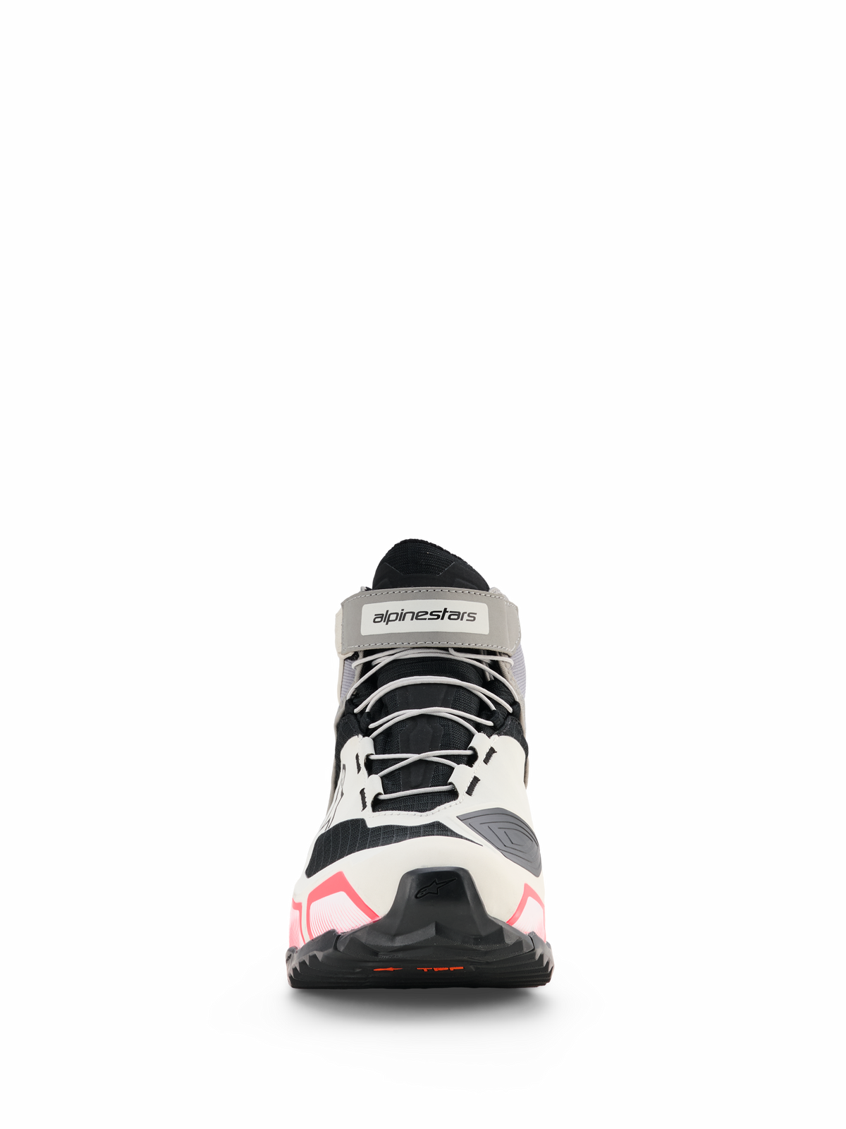 Alpinestars CR-X Women's Drystar® Riding Shoes, scarpe da moto da donna, bianco, grigio medio, nero e rosa Diva, vista frontale con lacci grigi e cinturino alla caviglia logato, design stile sportivo con accenti rosa sulla suola, calzature da moto impermeabili