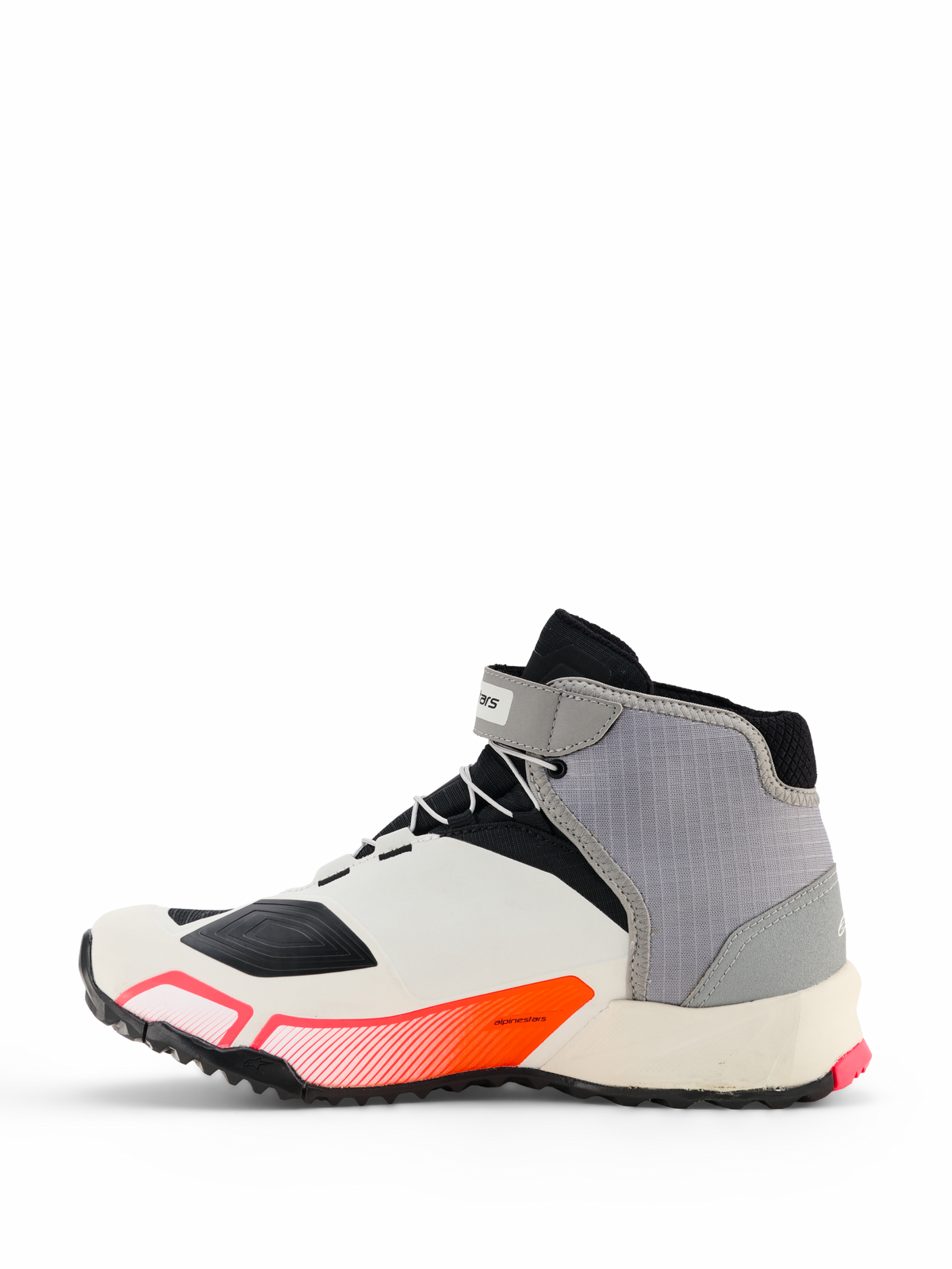 Scarpe da moto Alpinestars CR-X Women's Drystar®, calzature da guida in bianco, grigio medio, nero e Diva Pink, profilo laterale dal design sportivo con cinturino alla caviglia e suola spessa, progettate per il comfort di camminata e protezione