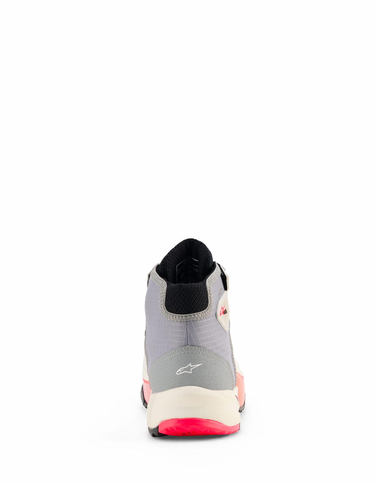 Alpinestars CR-X Women's Drystar® Riding Shoes, scarpe da moto, bianco, grigio medio, nero e rosa diva, vista posteriore che mostra la struttura del tallone con logo Alpinestars, intersuola bianca e dettagli della suola rosa acceso