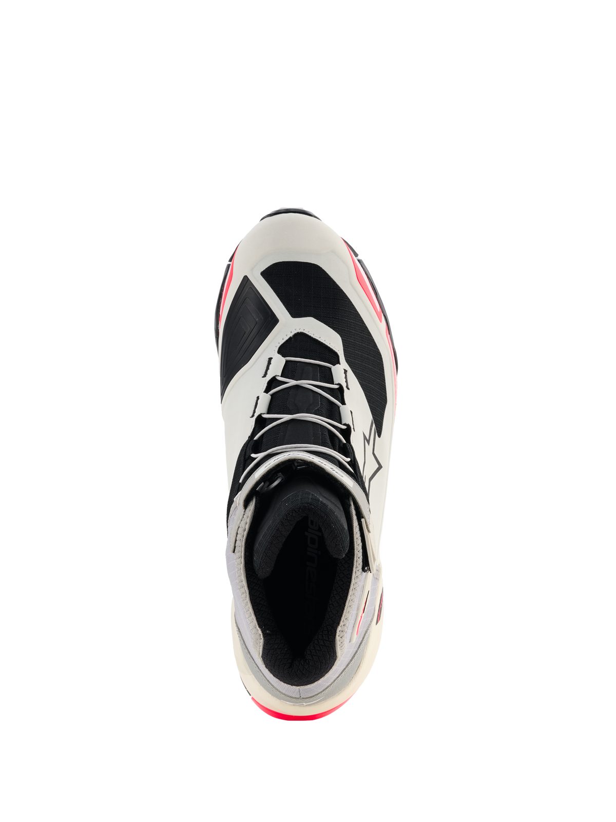 Scarpe da moto donna Alpinestars CR-X Drystar®, Bianco, Grigio Medio, Nero e Diva Pink, vista dall'alto che mette in risalto l'allacciatura e la fodera interna, design ispirato alle scarpe da corsa con accenti rosa, calzature da moto impermeabili