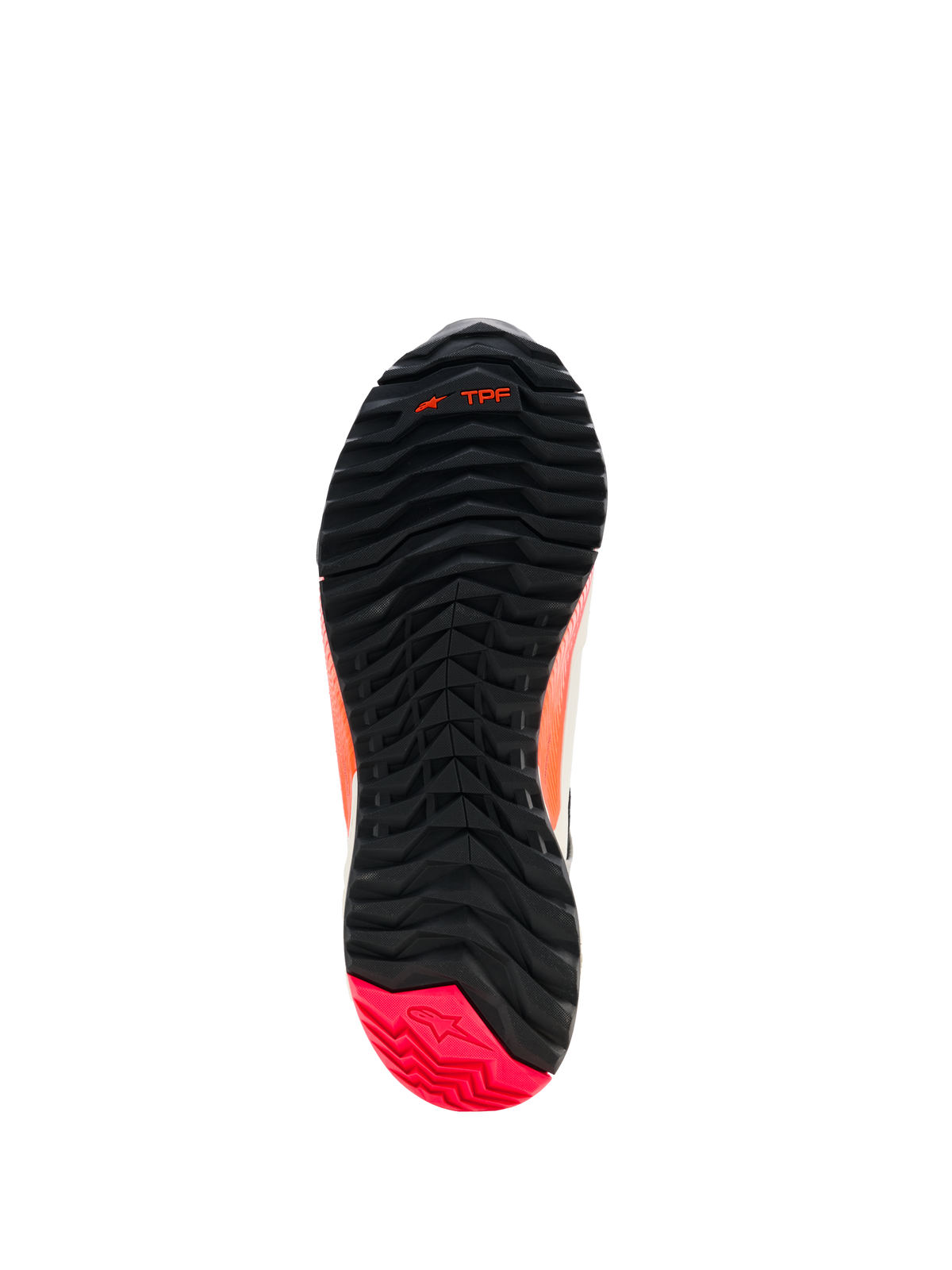 Scarpe da moto Alpinestars CR-X Women's Drystar®, vista della suola, nero con tallone Diva Pink, battistrada robusto con configurazione asimmetrica dei tacchetti, scanalature di flessione dell'avampiede e marchio TPF