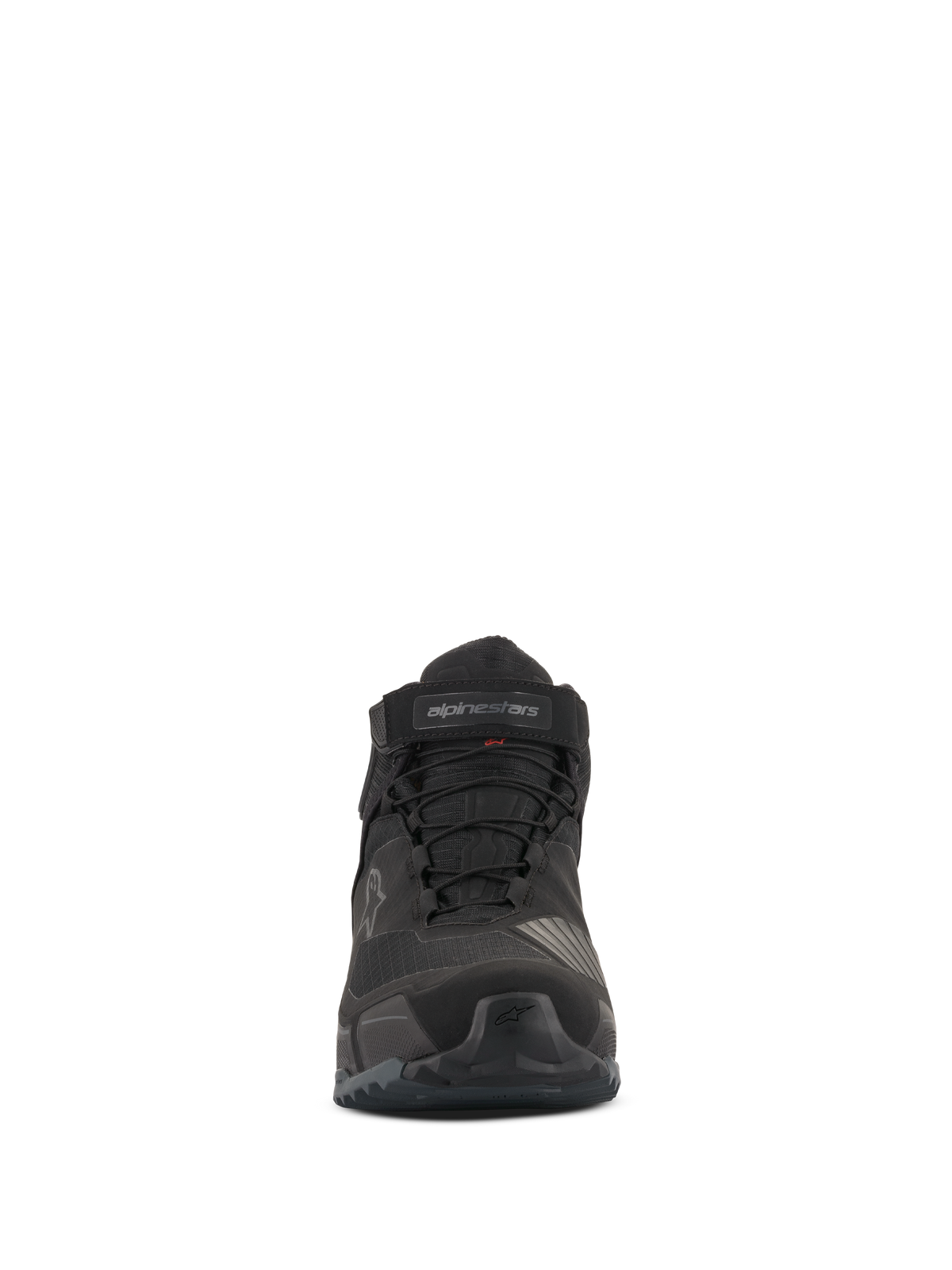 Scarpe da moto Alpinestars CR-X Drystar®, vista frontale, nero, calzature da moto impermeabili con lacci e cinturino in velcro sulla caviglia, design ispirato alle scarpe da running