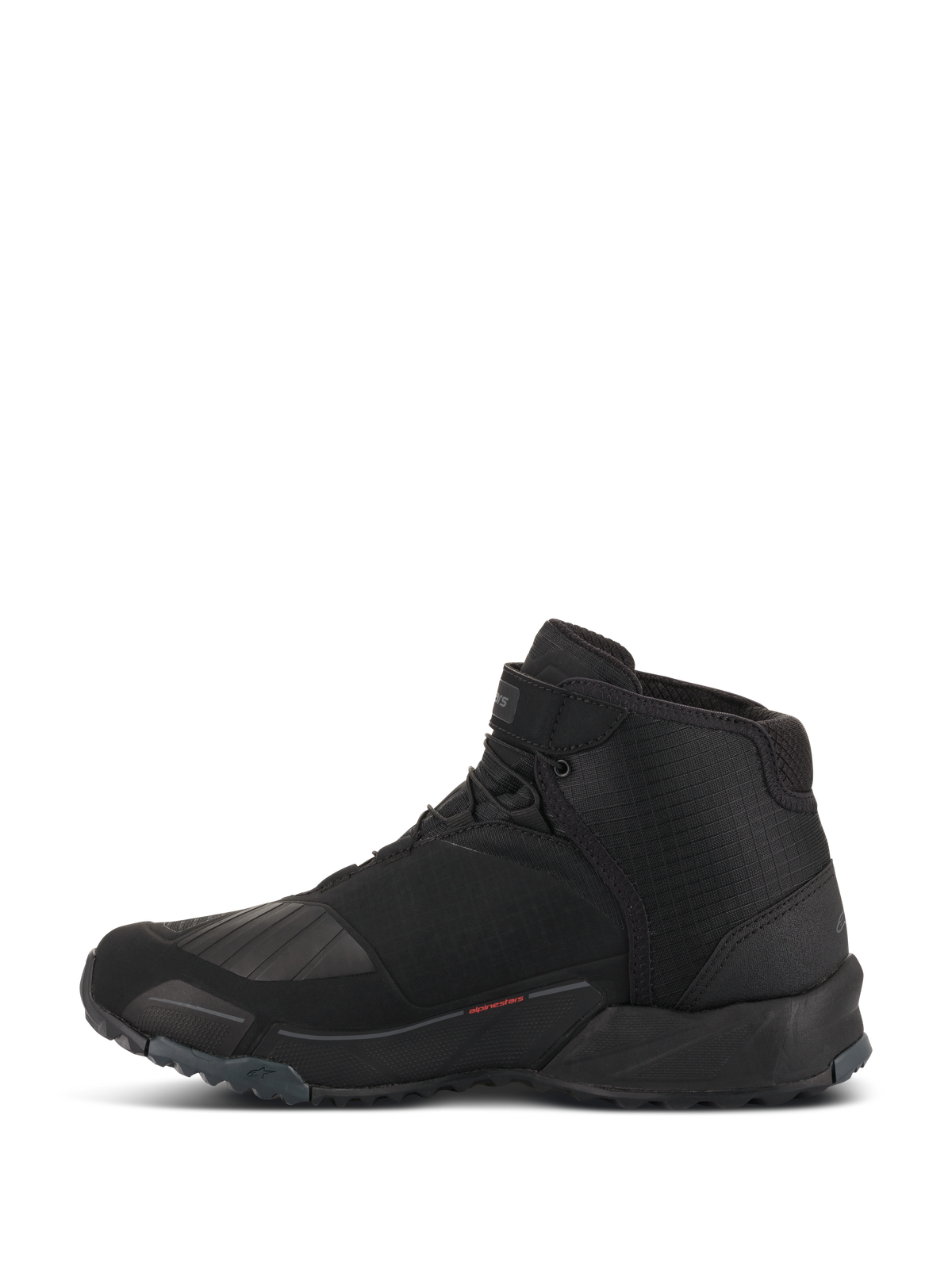 Scarpe da moto Alpinestars CR-X Drystar, scarpe da moto, nero, vista laterale del profilo, design alto con silhouette da scarpa da running, dotate di zona del cambio in TPU rinforzato, suola tassellata per il grip e costruzione impermeabile per guida urbana e stradale.