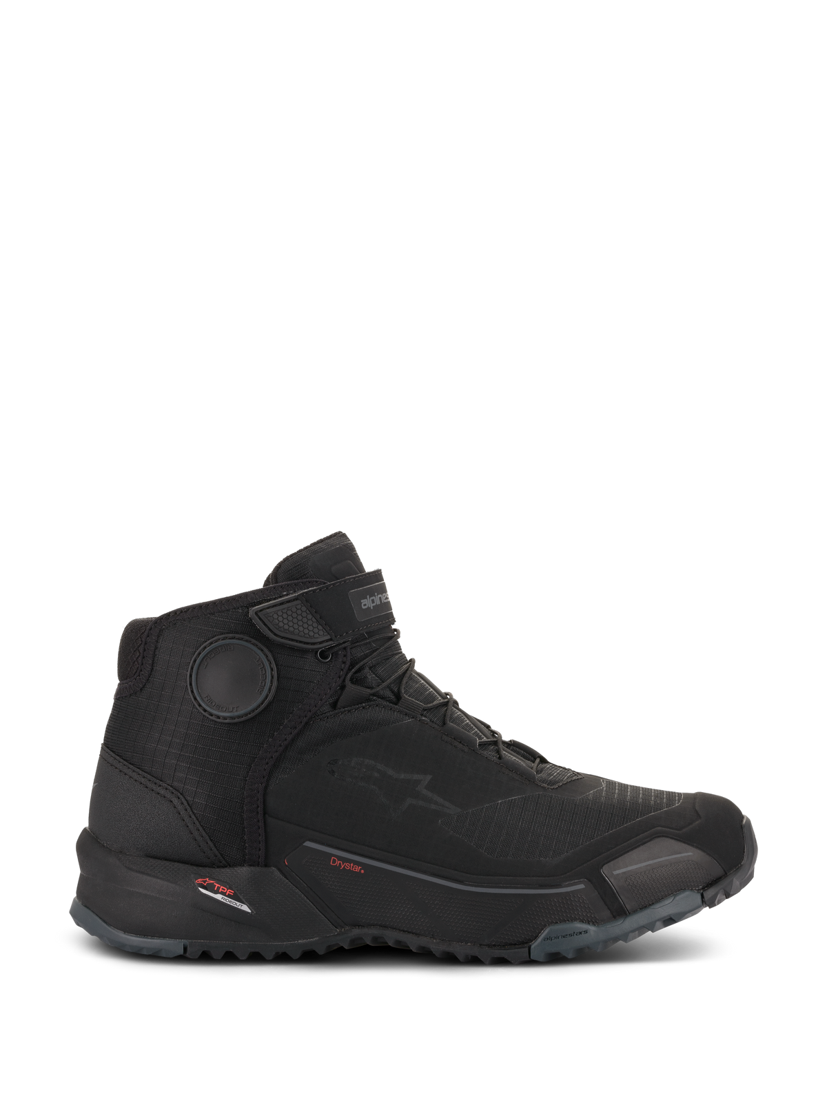 Scarpe da moto Alpinestars CR-X Drystar®, scarpe da moto, nero, vista di profilo, design elegante ispirato alle sneaker con suola robusta, con marchio Drystar e dischi protettivi sulla caviglia