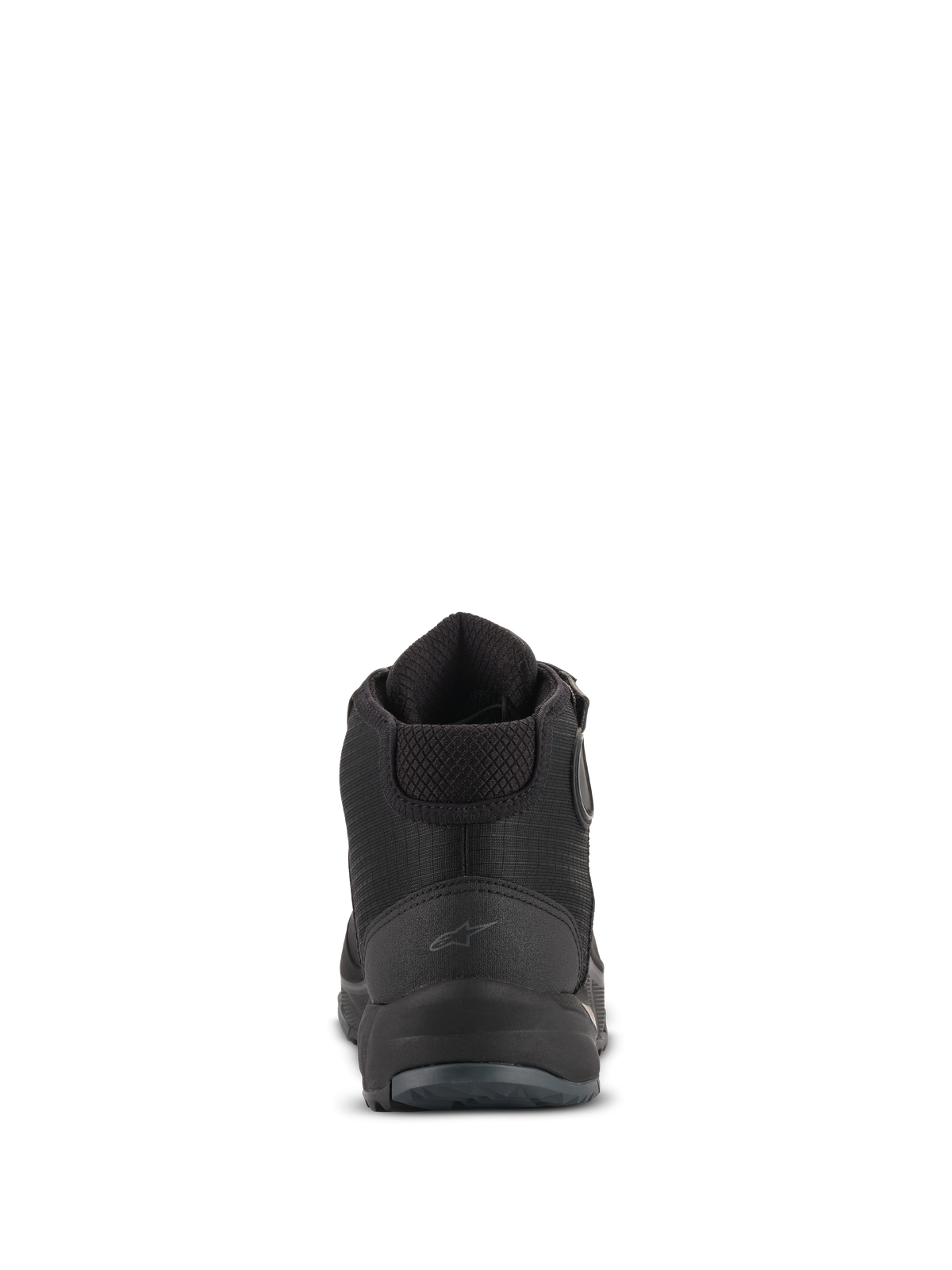 Scarpe da moto Alpinestars CR-X Drystar®, vista posteriore, nero, con un discreto logo Astars sul tallone, colletto della caviglia imbottito e contrafforte del tallone testurizzato, calzature da moto impermeabili per uso stradale e urbano
