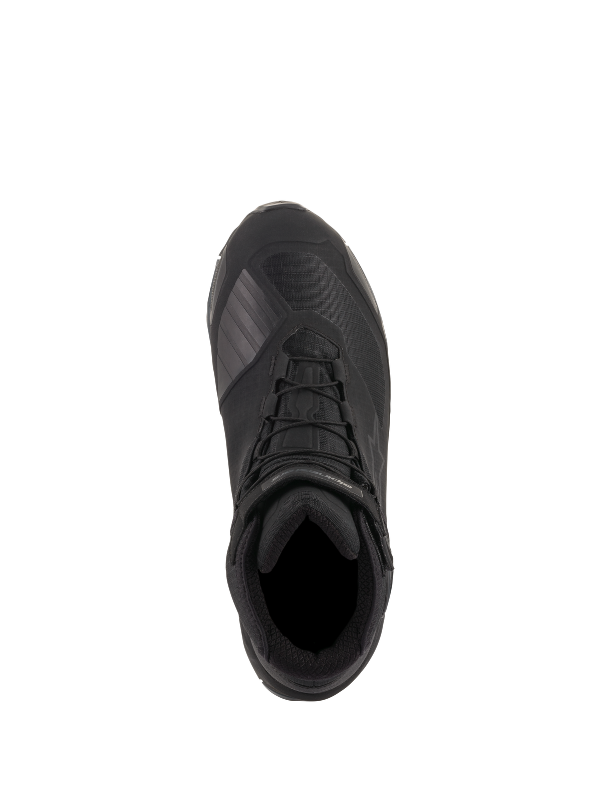 Alpinestars CR-X Drystar® Riding Shoes, nero, vista dall'alto con costruzione in tessuto tecnico, lacci integrati con cinturino alla caviglia e zona cambio protettiva in TPU, calzature da moto impermeabili progettate per il comfort di tutto il giorno