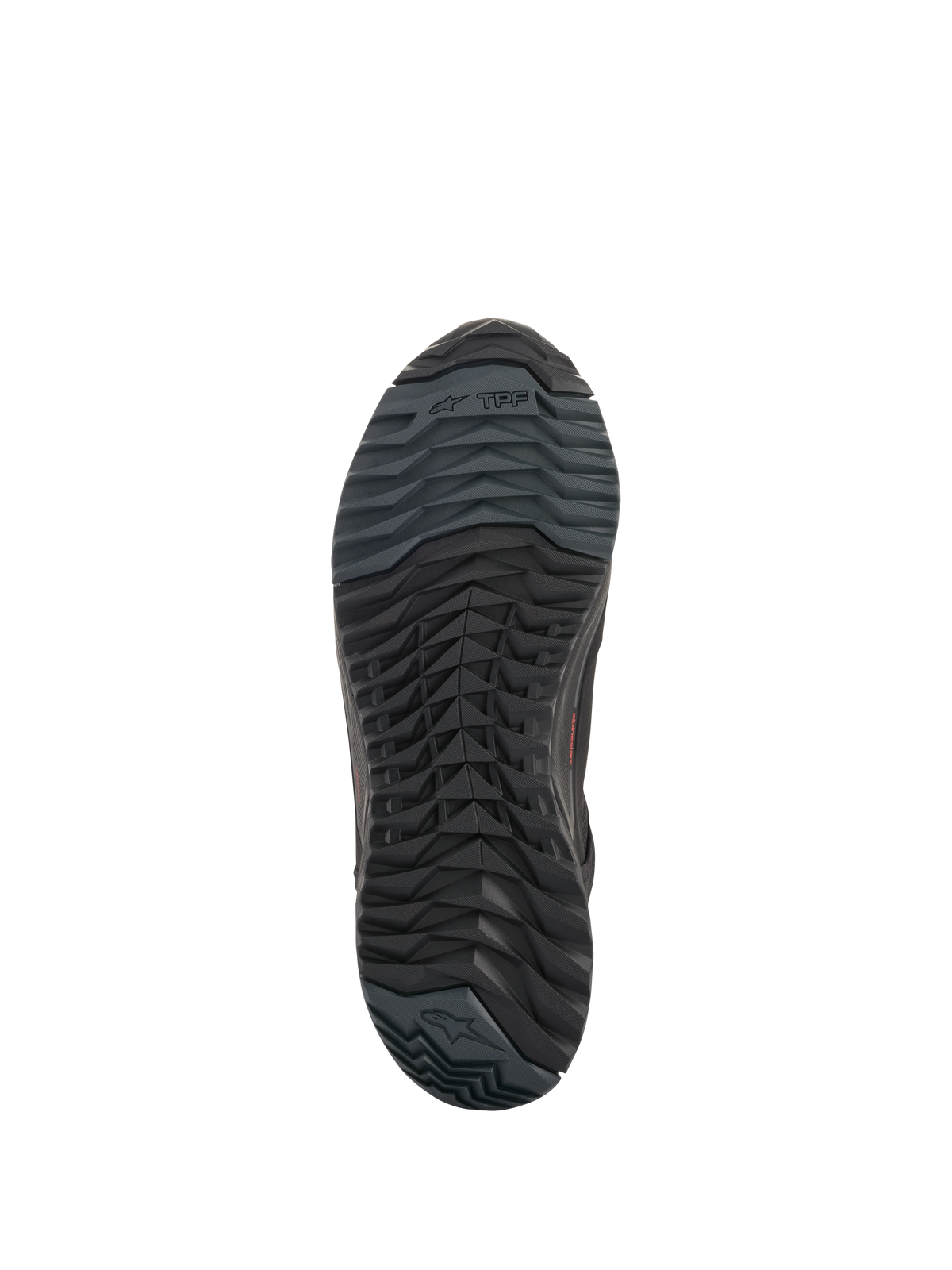 Alpinestars CR-X Drystar® Riding Shoes, scarpe da moto, nero, vista inferiore della suola che mostra la configurazione asimmetrica dei tasselli, mescola in gomma resistente all'olio e logo Alpinestars