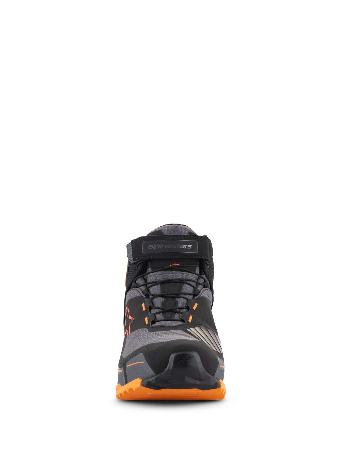 Alpinestars CR-X Drystar® Riding Shoes, vista frontale, nero, marrone chiaro e arancione, con sistema di allacciatura sicuro e cinturino superiore sulla caviglia, punta protettiva e robusta suola arancione, calzature da moto urbane impermeabili