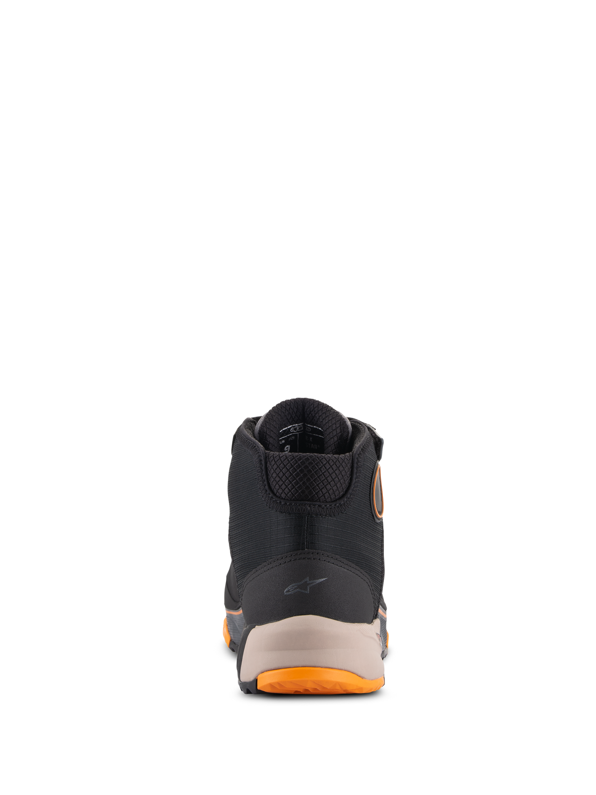 Scarpe da moto Alpinestars CR-X Drystar®, nero, marrone chiaro e arancione, vista posteriore con tallone rinforzato e piccolo logo Alpinestars, colletto imbottito e dettagli della suola arancioni, calzature da moto impermeabili.