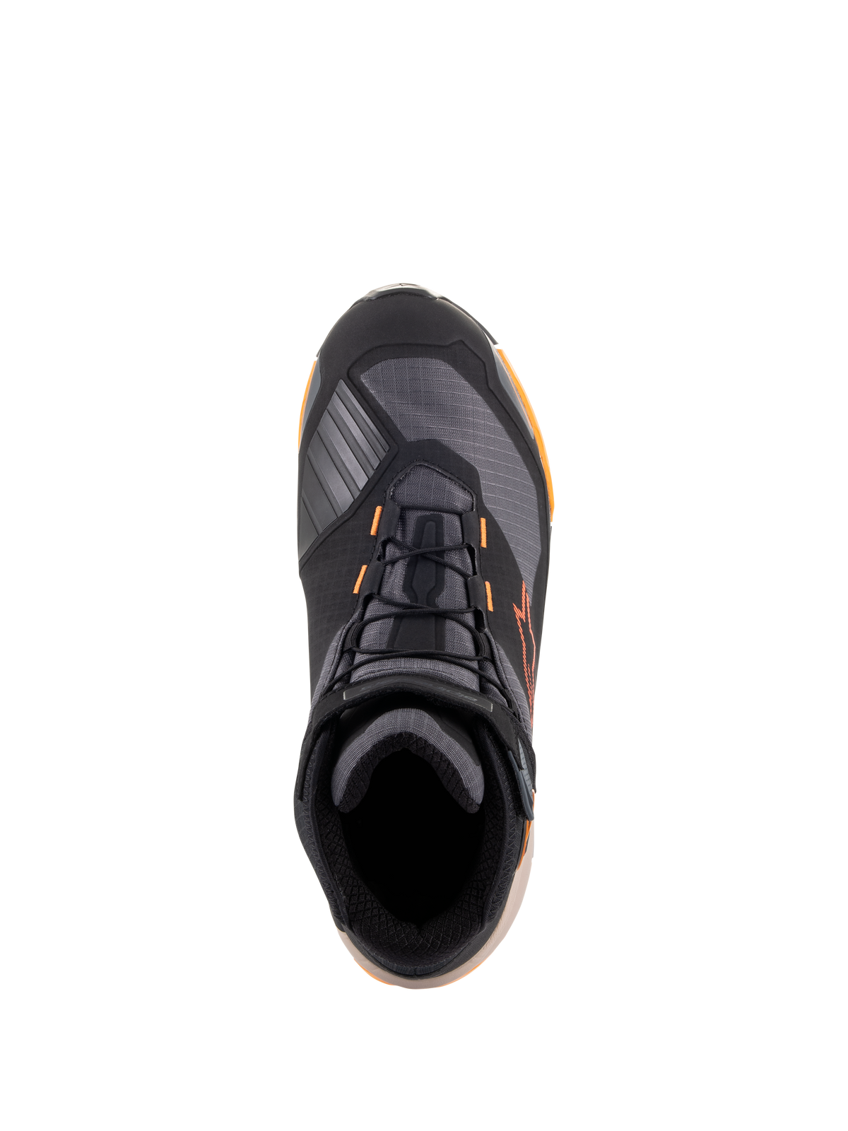 Scarpe da moto Alpinestars CR-X Drystar®, vista dall'alto, colorazione Nero Marrone Chiaro Arancione, calzature da moto in stile sportivo con lacci neri, dettagli arancioni e suola marrone chiaro, protezione impermeabile per guida urbana e su strada.