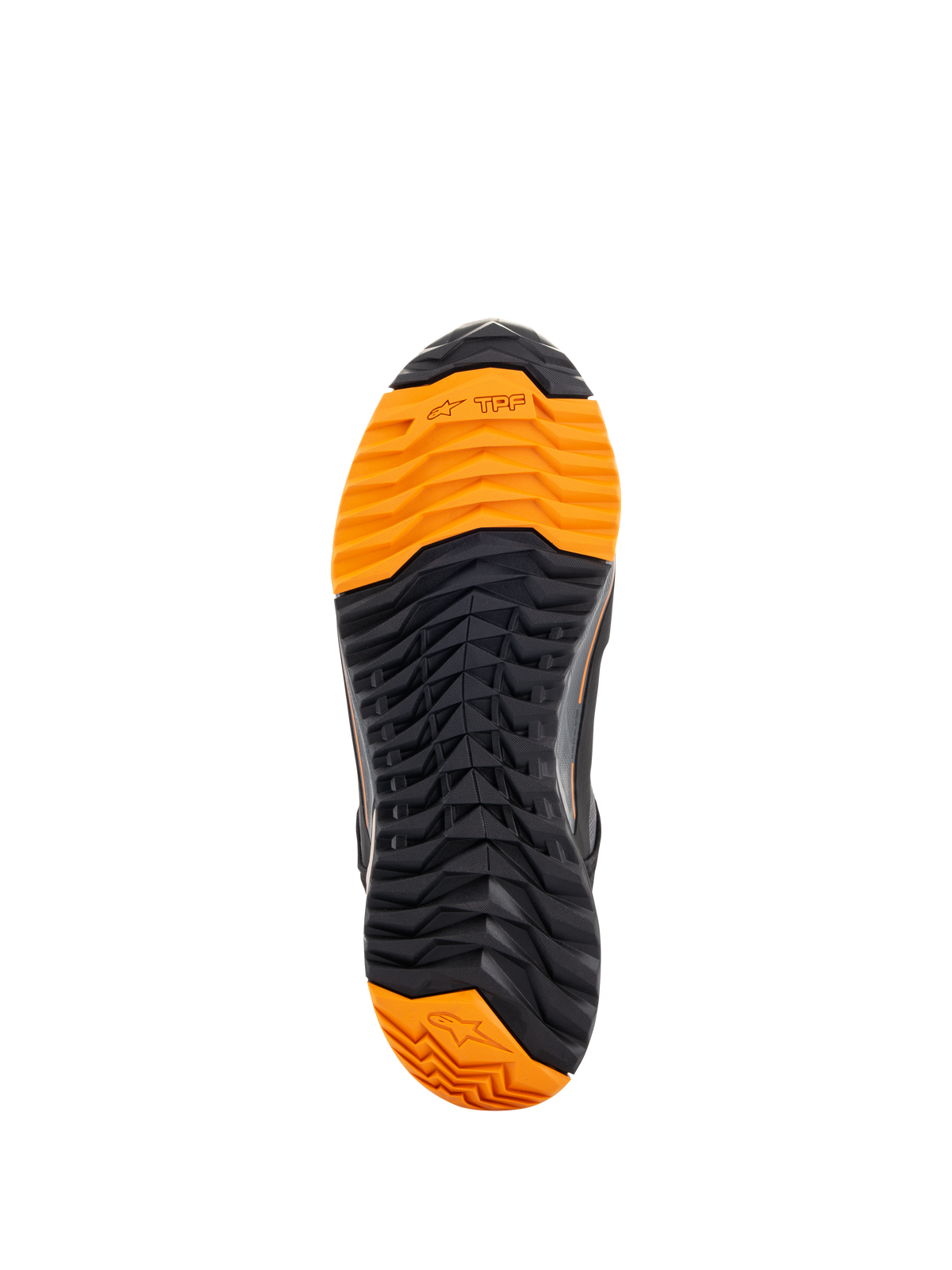 Alpinestars CR-X Drystar® Riding Shoes, vista della suola, battistrada nero e arancione acceso, tassellatura aggressiva per il grip, con loghi TPF e stella Alpinestars, progettate per la guida e il comfort nella camminata