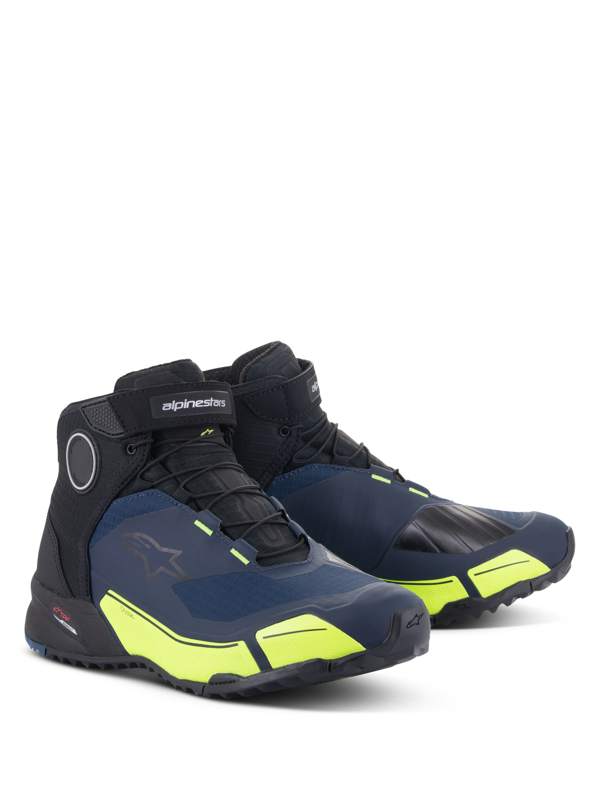 Scarpe da moto Alpinestars CR-X Drystar®, nero, blu scuro e giallo fluo, scarpe da moto impermeabili con silhouette da scarpa da running, design a taglio medio dallo stile atletico e vivaci accenti giallo fluorescente