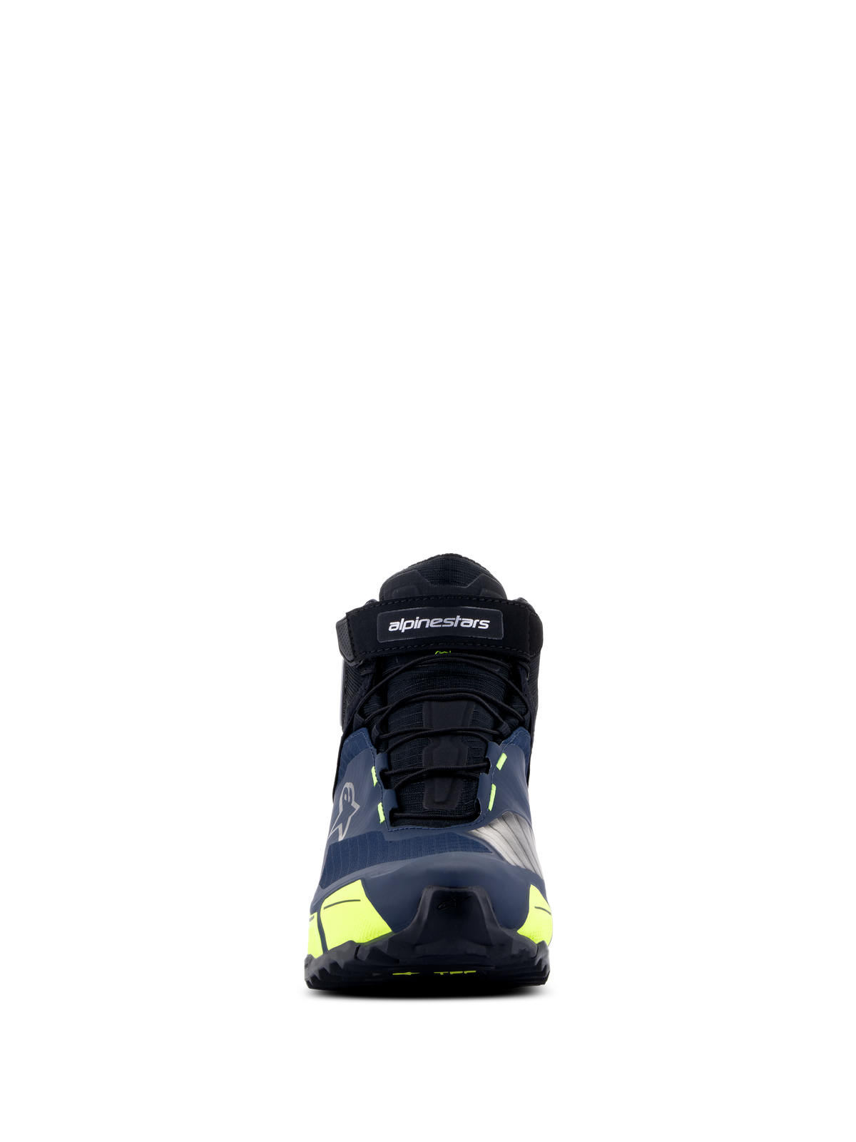 Alpinestars CR-X Drystar® Riding Shoes, scarpe da moto, nero, blu scuro e giallo fluo, vista frontale, con cinturino in velcro con marchio Alpinestars, lacci neri e vivaci accenti gialli, design d'ispirazione sportiva per un comfort duraturo.